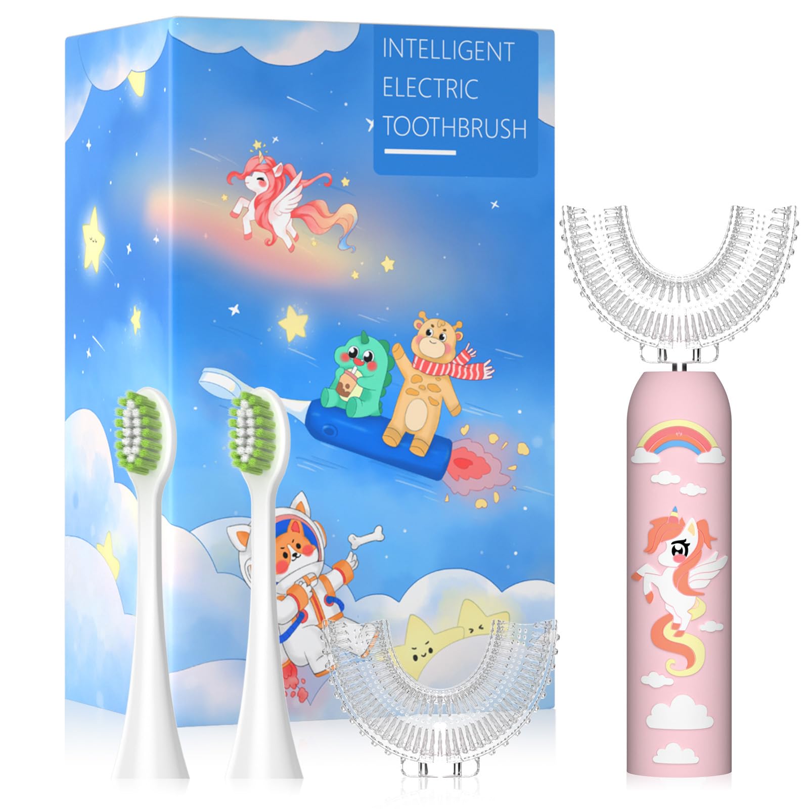 Rechargeable U-Shaped Kids Electric Toothbrush - Unicorn Toothbrush for Girls Ages 2-6 with 2-Minute Timer, 6 Cleaning Modes & 4 Brush Heads | Perfect for Toddler Dental Care & Fun Bath Time Routine
