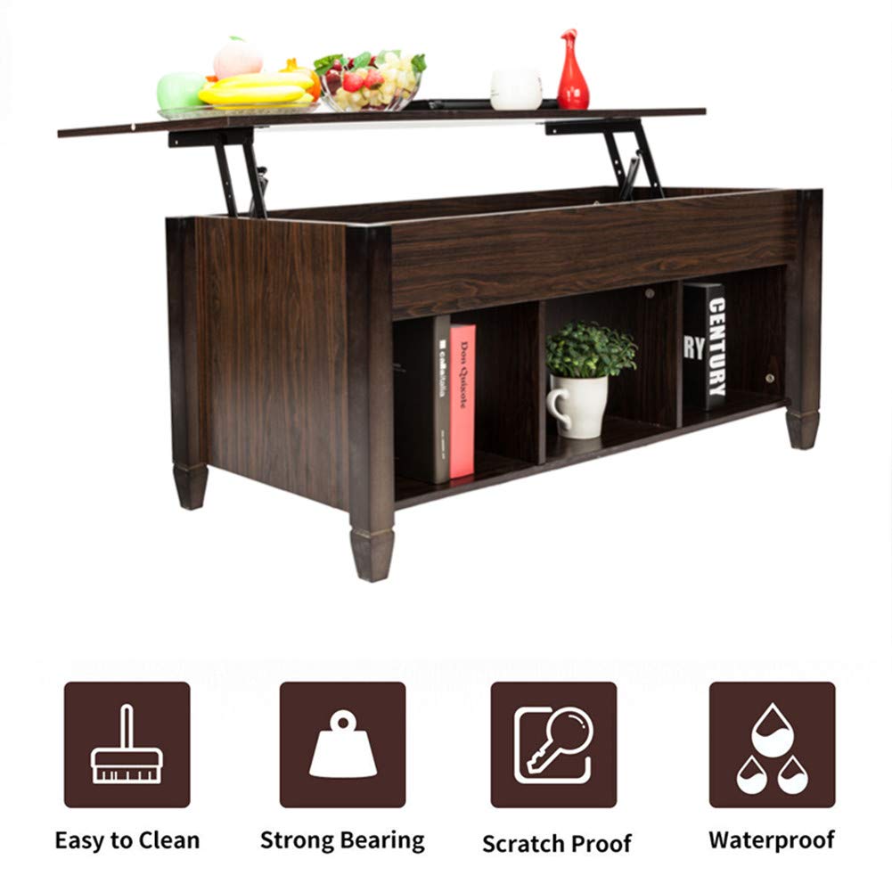 Modern Lift Top Coffee Table with Hidden Storage - Solid Wood Lift-Top Coffee Table for Living Room, Home Office, Dining - Brown Lift Table with Compartment for Books & Remotes