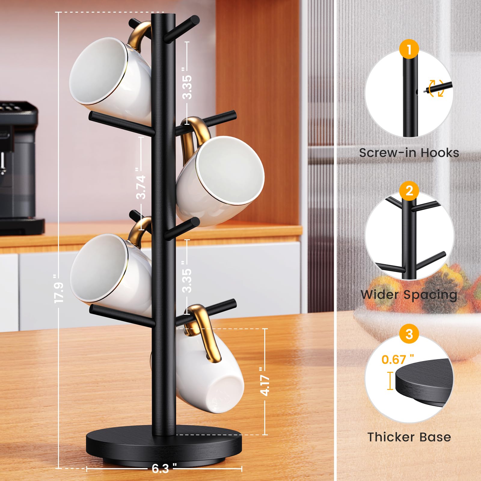 Upgraded 360° Rotating Coffee Mug Holder Tree with 8 Hooks - Wooden Countertop Cup Organizer Rack for Coffee Bar & Kitchen - Perfect for Home, Office or Cafe Mug Display & Storage (Black)
