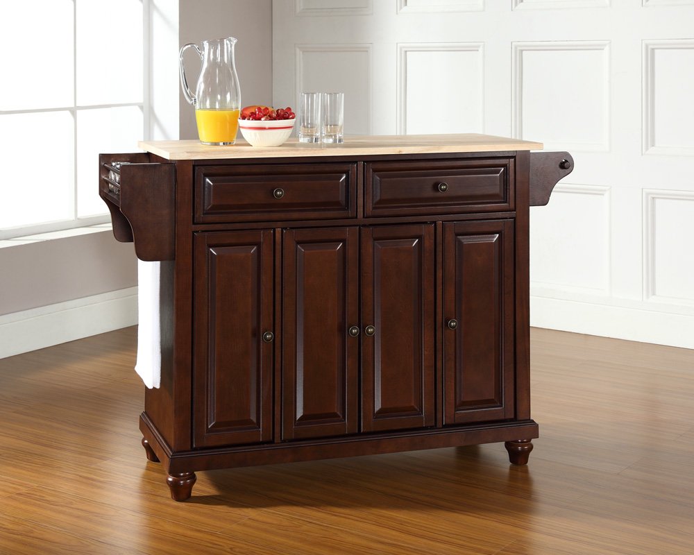 Crosley Cambridge Wood Top Rolling Kitchen Island Cart with Storage - Microwave Stand & Spice Rack - Mahogany Finish - Perfect for Small Kitchens, Pantry Organization & Mobile Food Prep Station