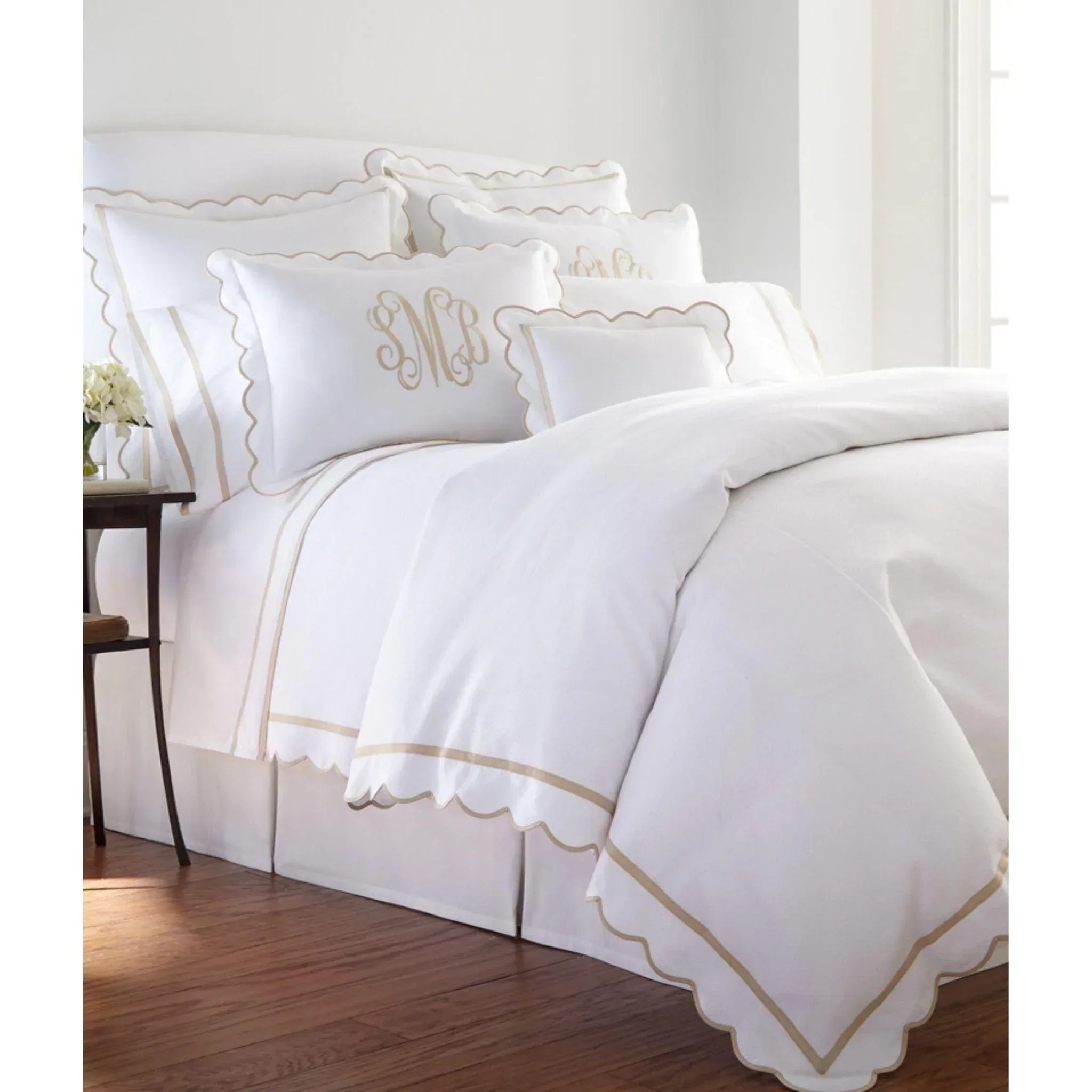 Devon Scalloped Tape Trim Sham with Optional Monogram - Elegant Embroidered Pillowcase for Bedroom Decor, Home Styling & Gift Giving
