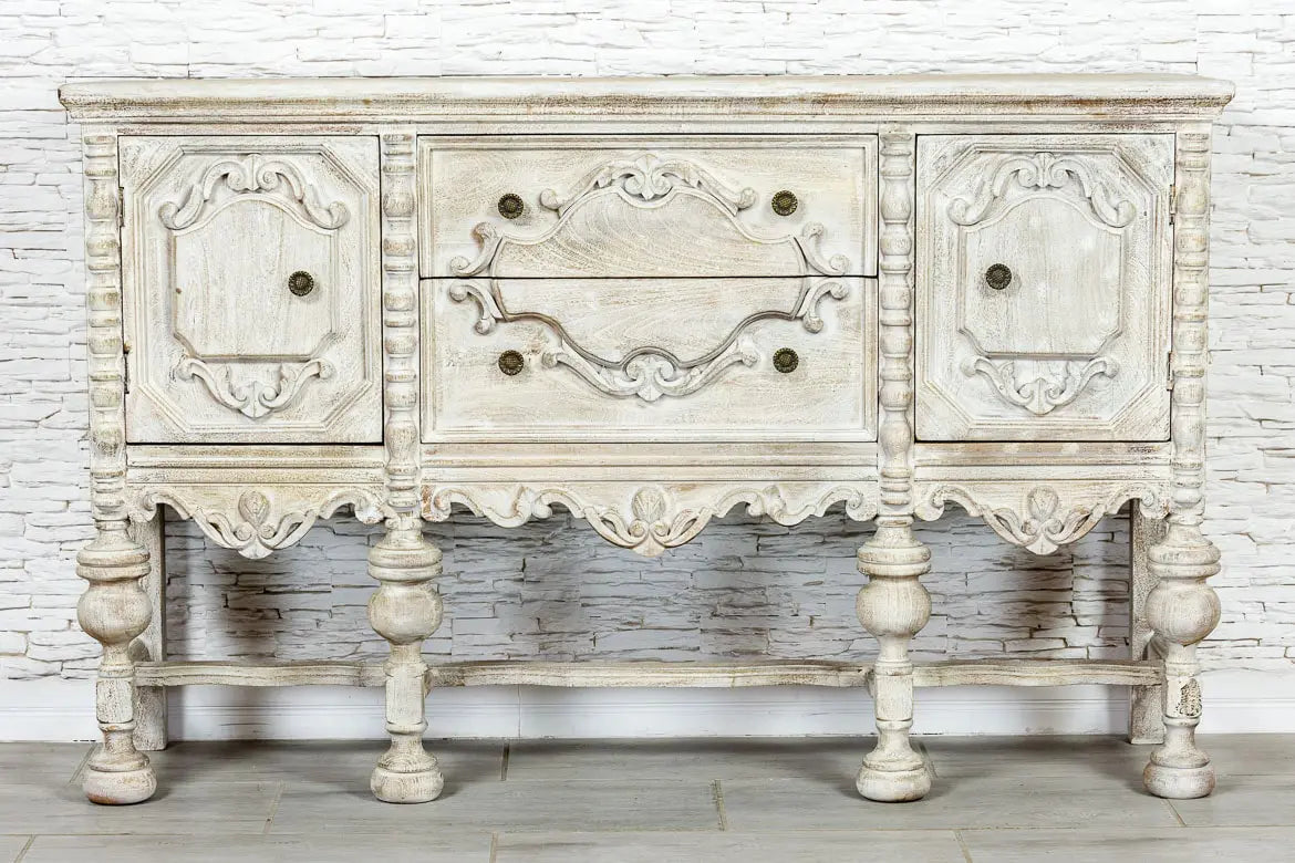 French Arched Hand Carved Indian Solid Wood Console Hall Table - Whitewashed Distressed Finish - Entryway, Living Room, Foyer Decor - 36 Inch Farmhouse Style Sofa Table