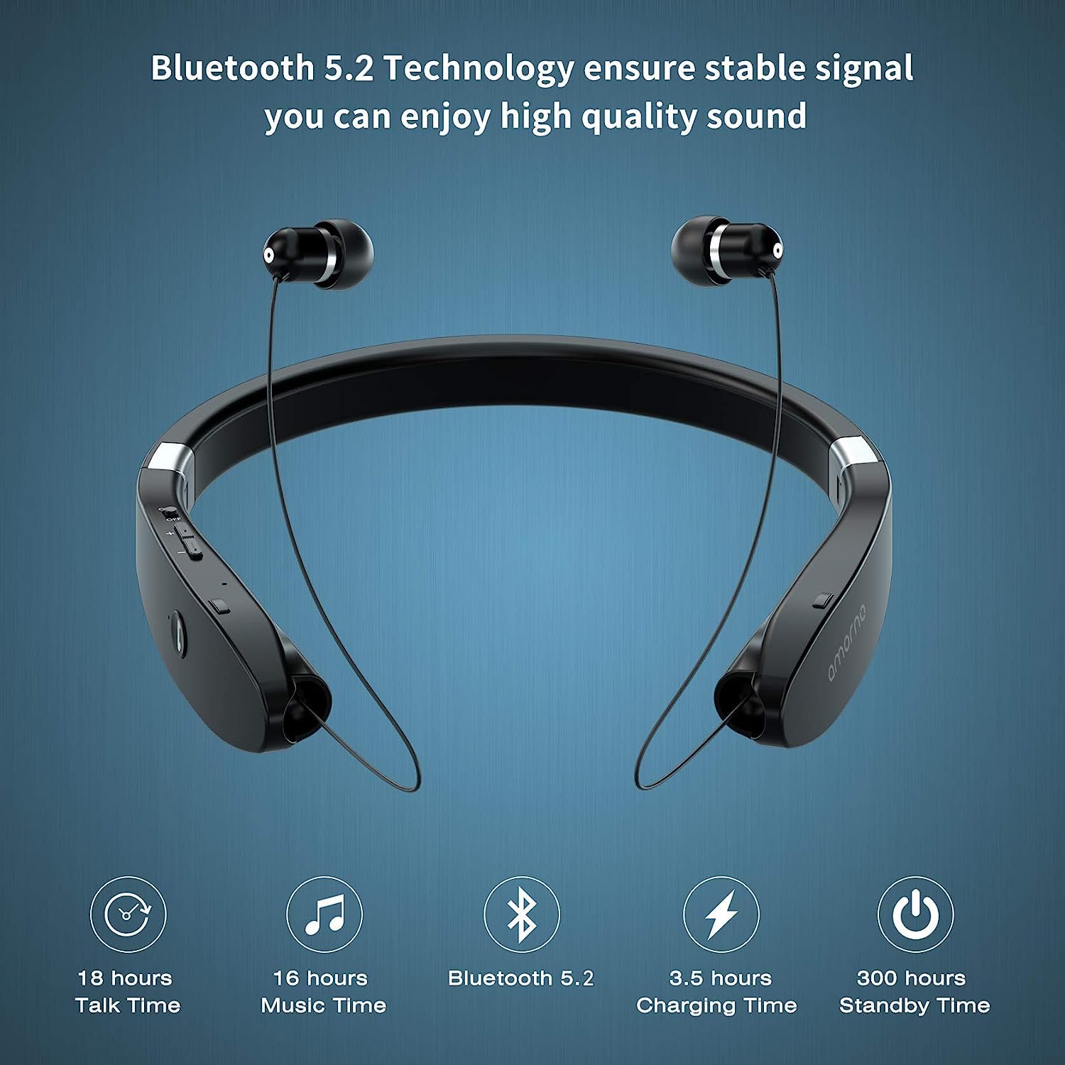 AMORNO Foldable Bluetooth Headphones Wireless Neckband Headset with Retractable Earbuds - Sweatproof Noise Cancelling Stereo Earphones with Mic for Running, Workout & Travel | Comfortable for Gym, Commuting & Outdoor Activities