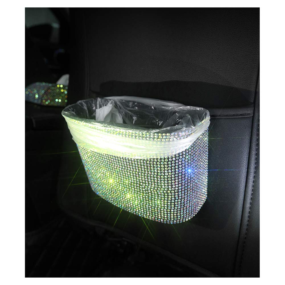 Sparkly Rhinestone Hanging Car Trash Can - Small Plastic Garbage Bin with Glitter for Car, SUV, Truck - Perfect for Road Trips, Commuting & Travel Accessories