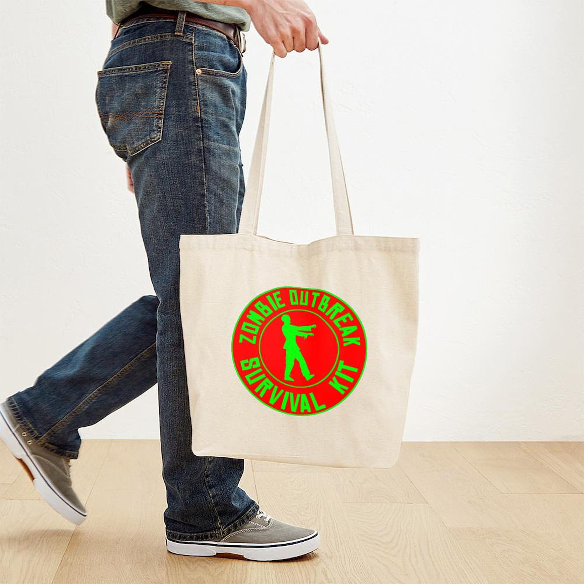 Zombie Outbreak Survival Kit Tote Bag - Natural Canvas Reusable Shopping Bag for Groceries, Beach & Apocalypse Preparedness