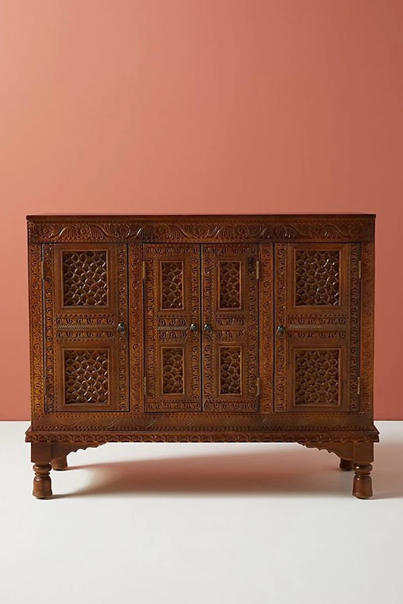Hand Carved Wooden Sideboard - Brown Checkered Wood Carving Buffet Cabinet for Dining Room, Living Room & Entryway Storage | Rustic Home Decor Furniture