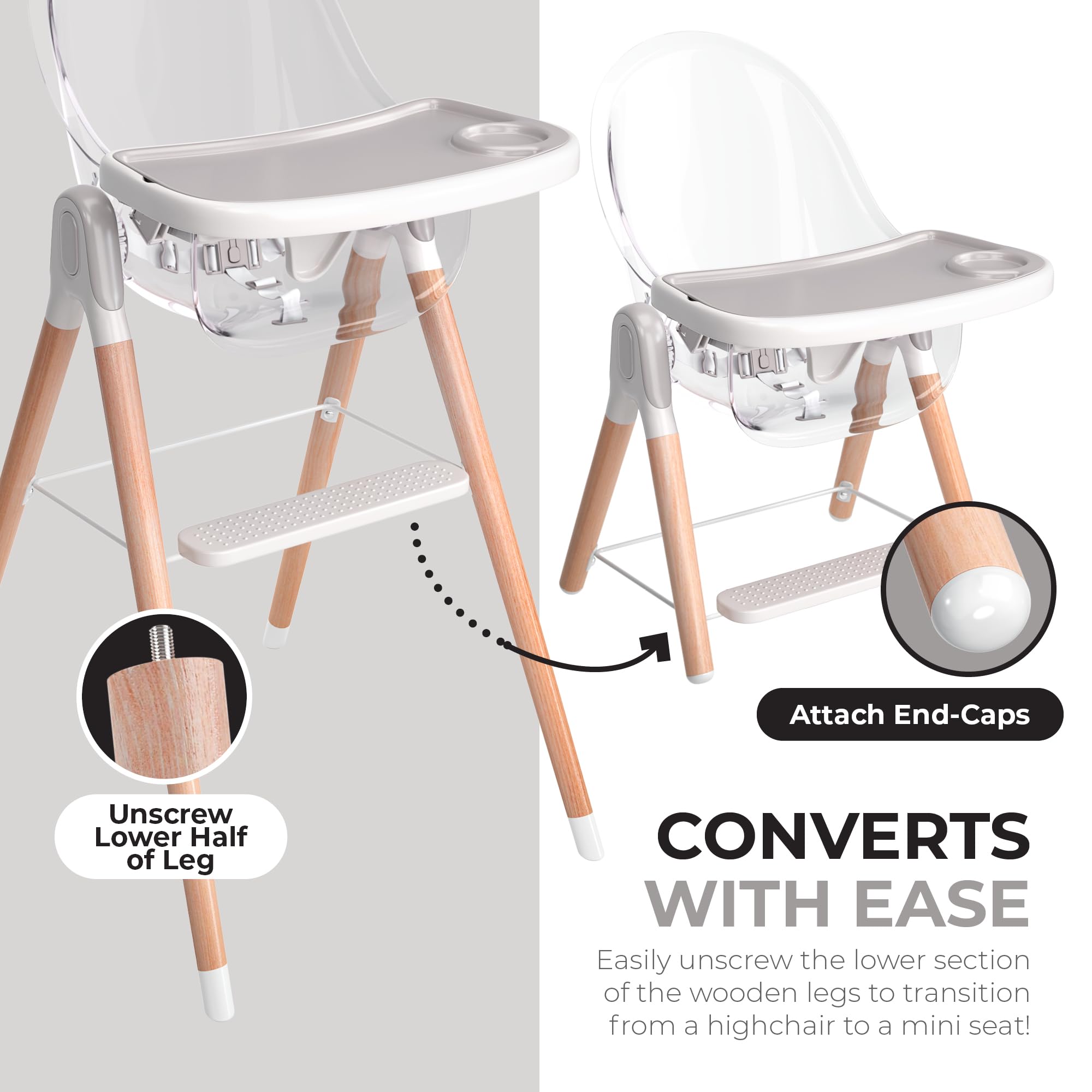 6-in-1 Deluxe Wooden High Chair for Babies & Toddlers - Modern Safe & Compact Baby Highchair with Removable Tray | 3 Adjustable Seat Positions & 2 Height Options | Easy to Clean & Assemble | Perfect for Dining, Feeding & Playtime (Clear)