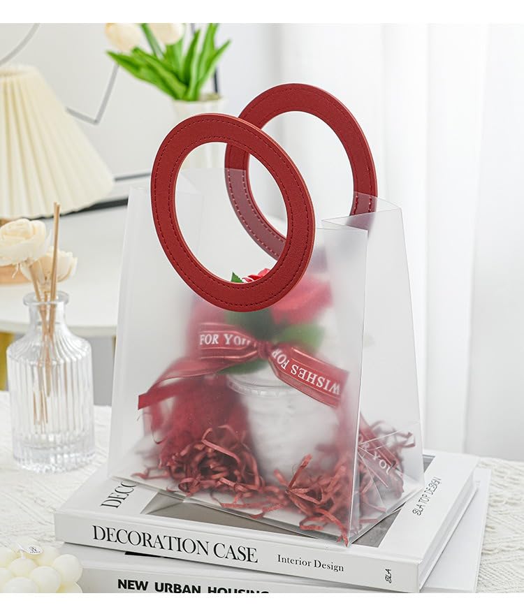 6-Piece Transparent Gift Bags with Round Leather Handles - Valentine's Day, Wedding, Party Favor, Shopping & Hamper Bags (Red, 18.5