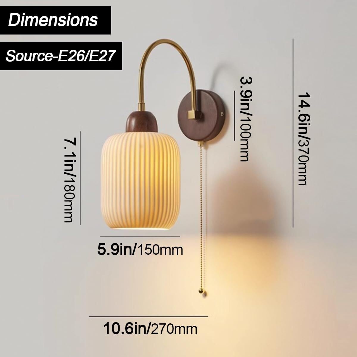 Farmhouse Ceramic Wall Sconce with Wooden Base & Pull Cord Switch - E27 Base Wall Mounted Reading Light for Living Room, Kitchen, Restaurant, Loft - Perfect for Cozy Corners & Ambient Lighting