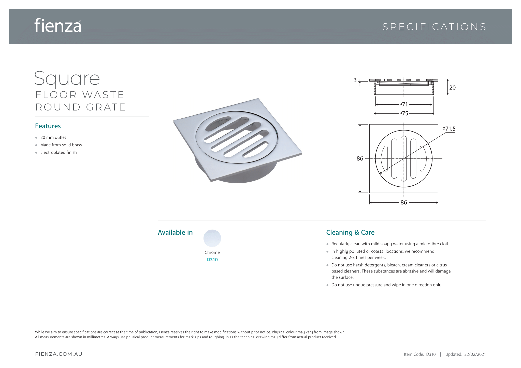 Fienza D310 80mm Square Floor Drain with Round Grate - Chrome Finish for Bathroom, Shower & Laundry Room Drainage
