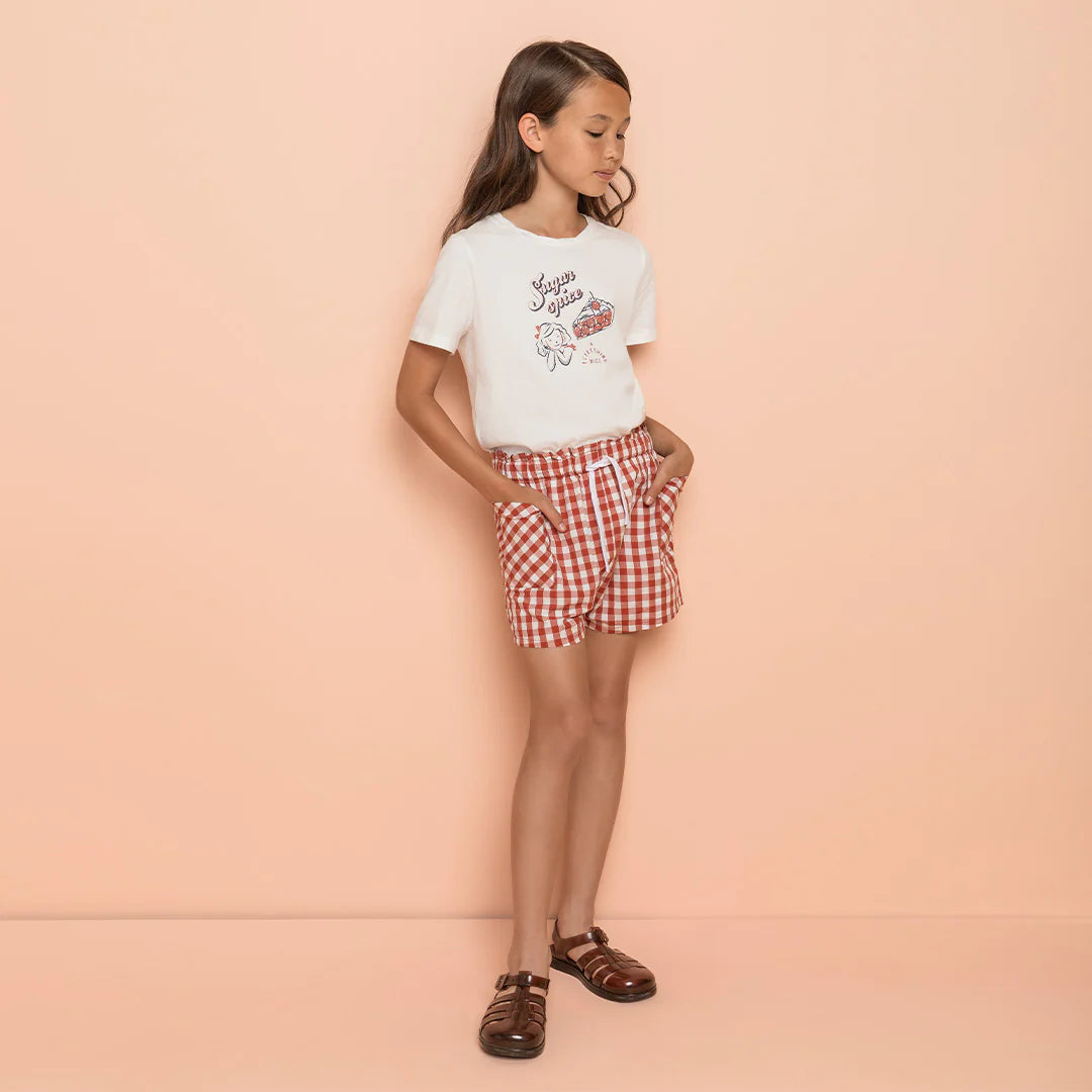 Brick Gingham Poplin Paper Waist Shorts for Women - High Waisted Summer Shorts with Elastic Waistband - Casual, Beach, and Vacation Outfits