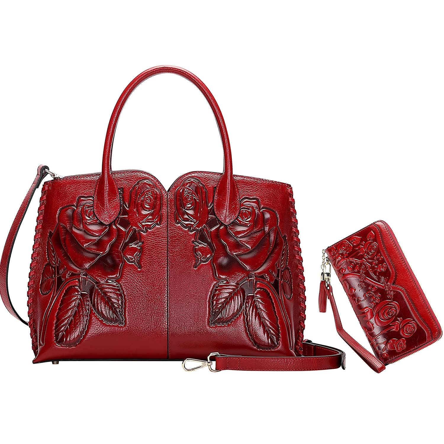 PIJUSHI Women's Designer Floral Handbag - Top Handle Satchel Tote Purse with Genuine Leather Wallet & Wristlet Clutch Set | Perfect for Work, Travel, and Special Occasions