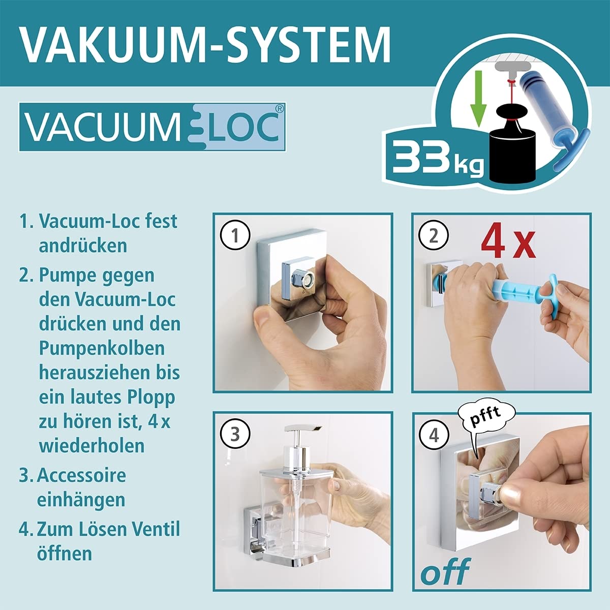WENKO Vacuum-Loc Soap Dispenser Quadro - Stainless Steel, Silver Shiny (7.5 x 10 x 16 cm) - Perfect for Kitchen, Bathroom, and Office Hygiene