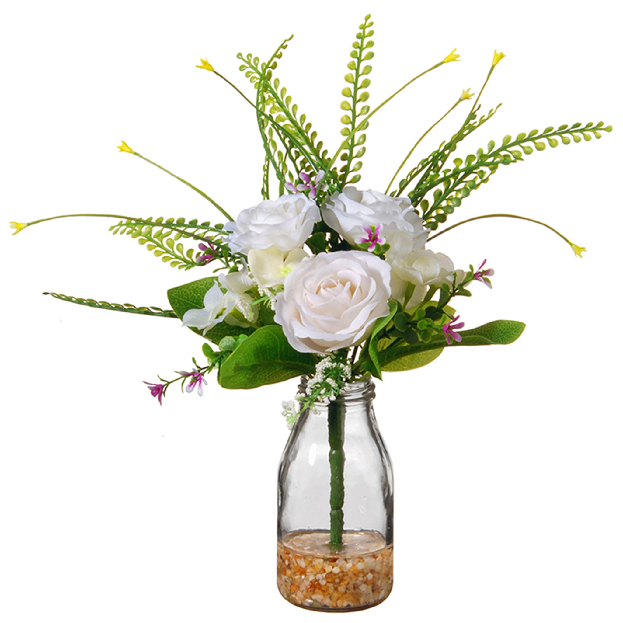 12 Inch Spring White Roses Bouquet in Glass Vase with Leafy Greens - Perfect for Weddings, Home Decor & Romantic Gifts