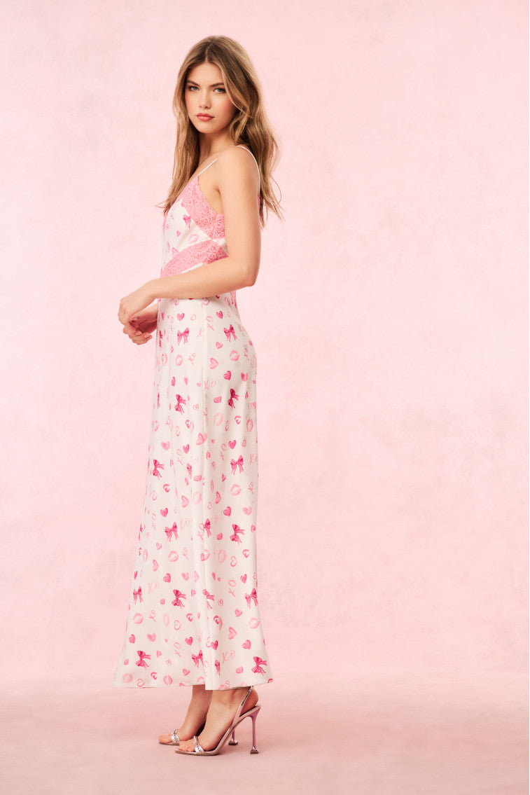 Serita Bow & Kiss Print Maxi Dress - Floral Summer Dress for Women, Elegant Long Dress with Bow Detail, Perfect for Beach Wedding, Vacation & Party Wear