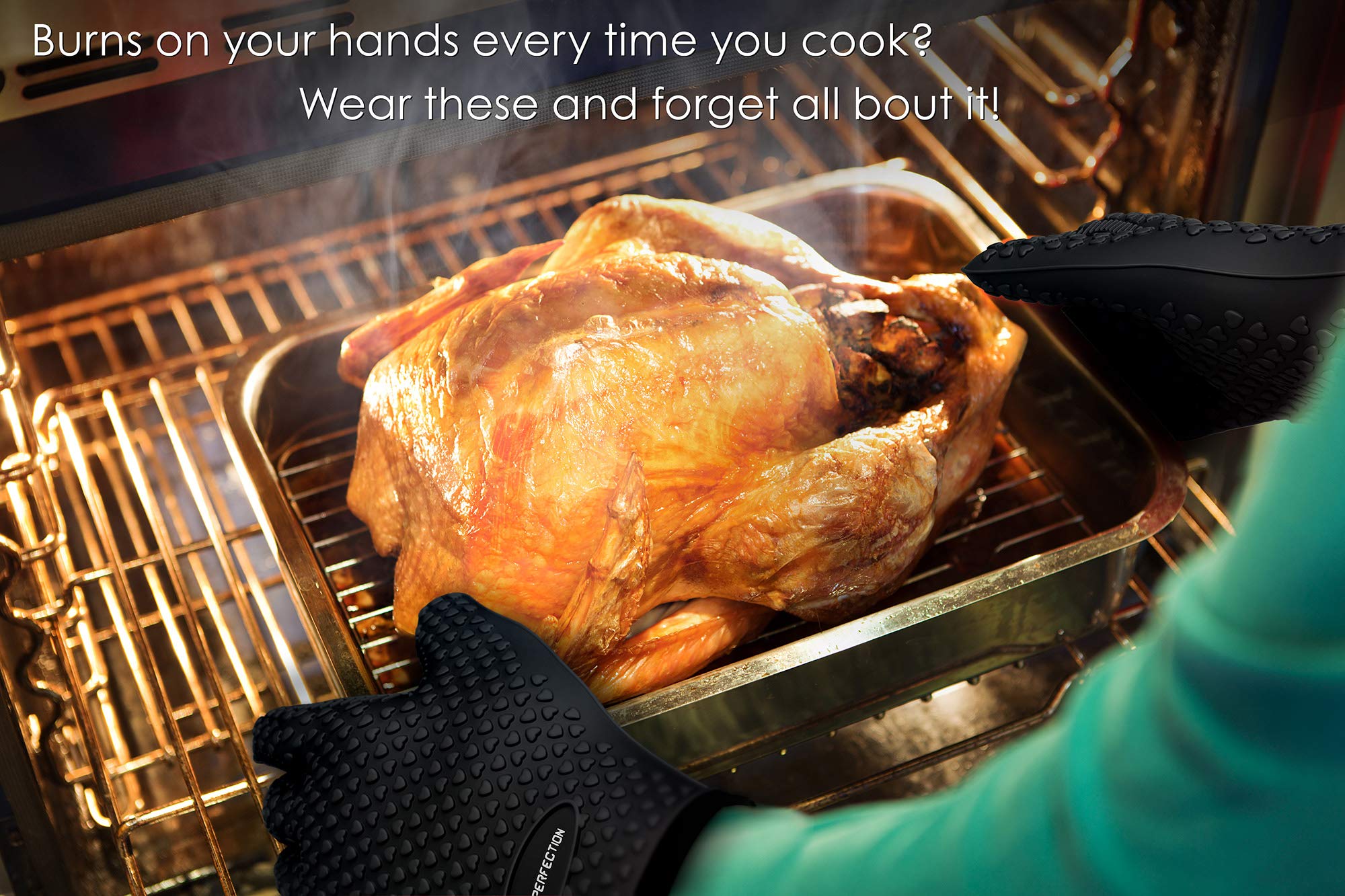 KITCHEN PERFECTION Heat Resistant Silicone BBQ Gloves for Smoker, Oven & Grill - Waterproof Oven Mitts for Extreme Temperatures - Premium Value Set with 3 Bonus Accessories - Perfect for Smoking, Grilling, Frying & Outdoor Cooking