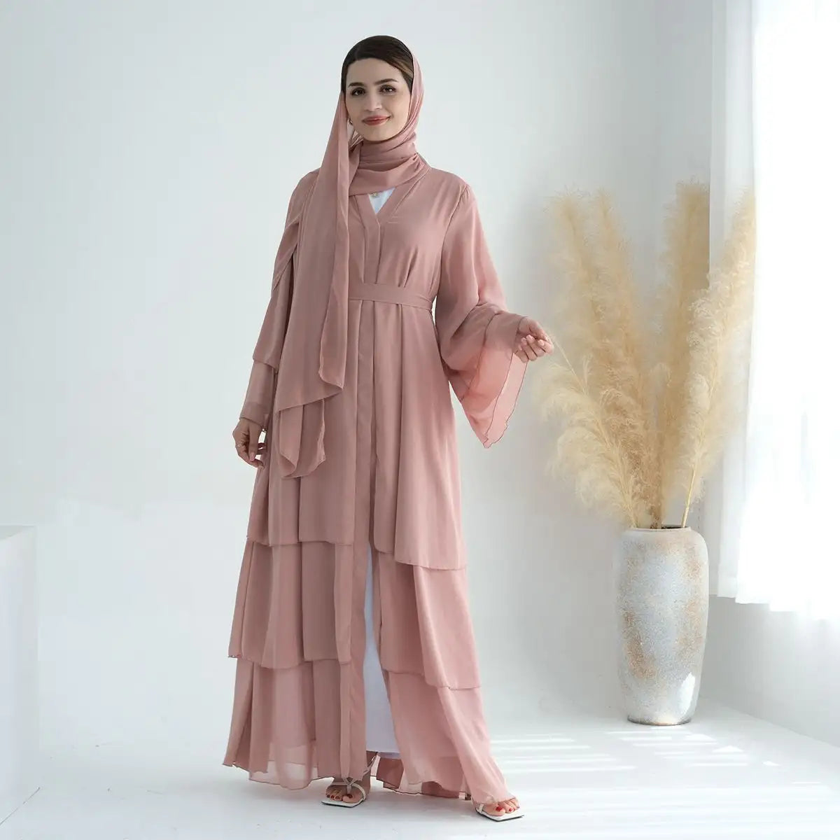 Elegant Chiffon Muslim Women's Open Abaya Dress - Modest Islamic Prayer Dress for Women, Perfect for Prayer, Mosque, and Special Occasions
