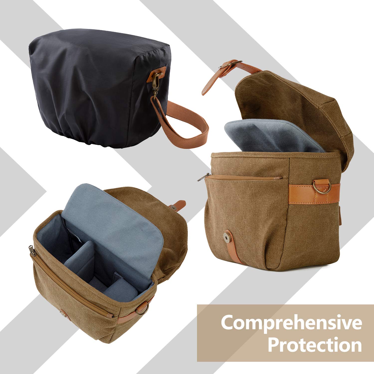 BAGSMART DSLR Camera Bag - Waterproof Canvas Crossbody Shoulder Bag for SLR/DSLR Cameras with Rain Cover - Compact & Lightweight Photography Accessory for Men & Women (Khaki) - Perfect for Travel, Hiking & Outdoor Photography