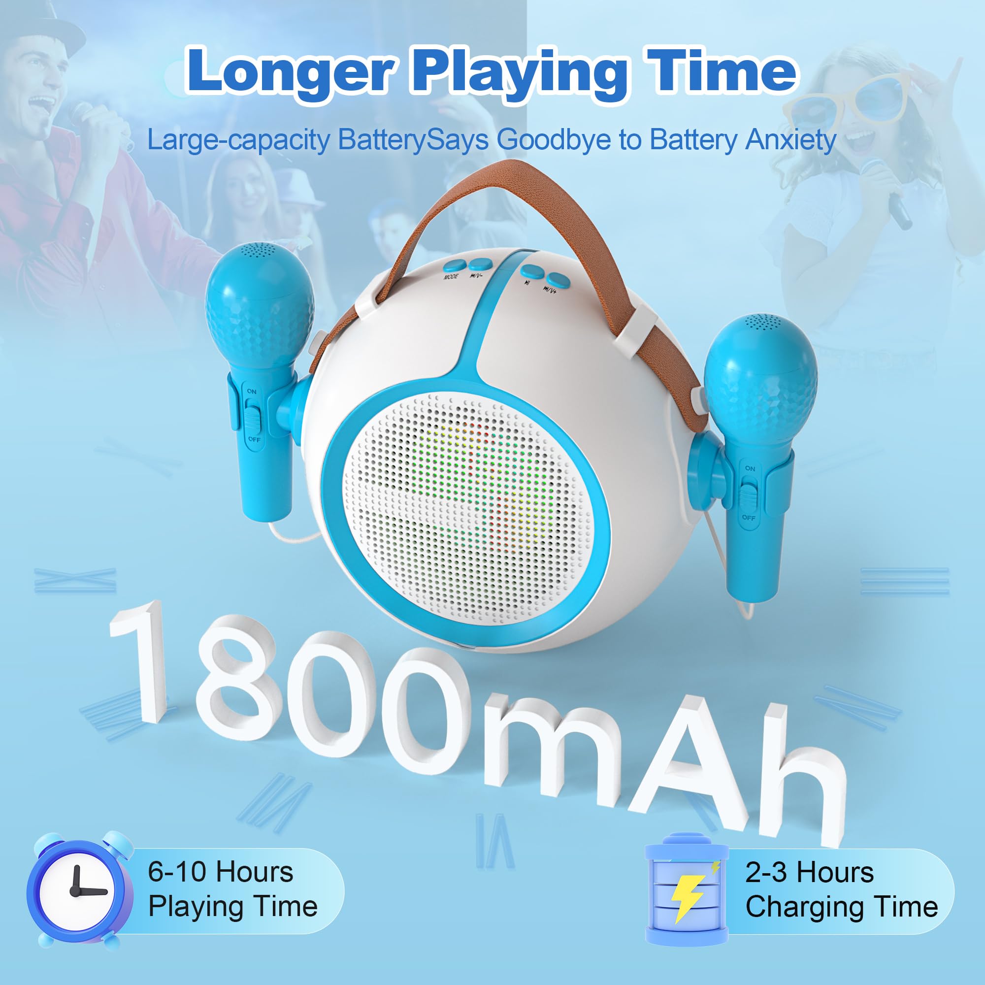 Portable Bluetooth Karaoke Machine for Kids with 2 Wireless Microphones, Rechargeable Battery, FM Radio, USB Playback & LED Lights - Perfect for Birthday Parties, Family Gatherings & Home Singing Fun (Blue)