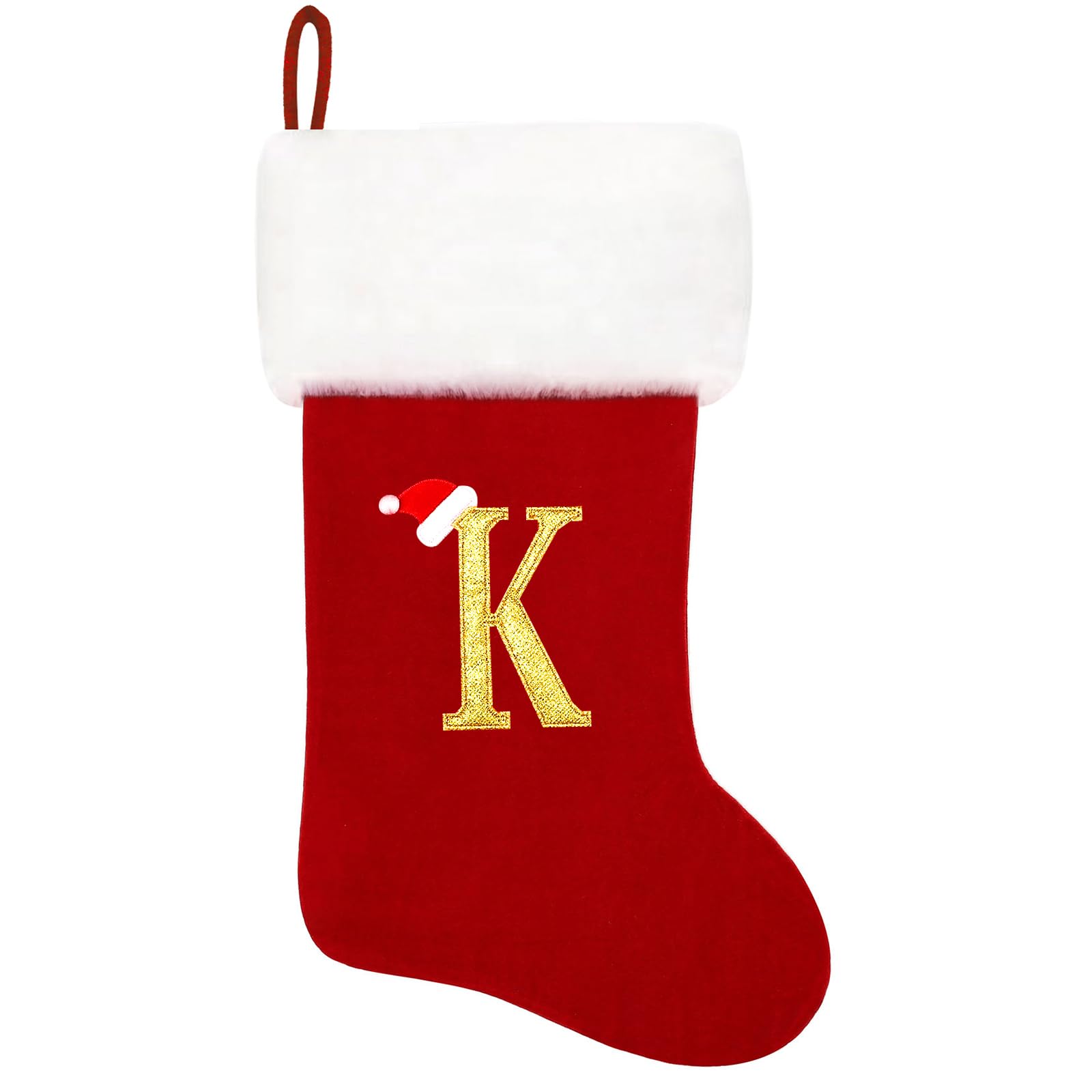 Personalized 20 Inch Red Velvet Christmas Stockings with White Plush Cuff - Embroidered Monogram Holiday Stocking Decor (Letter K) | Perfect for Fireplace Mantel, Gift Filling & Family Holiday Decorations