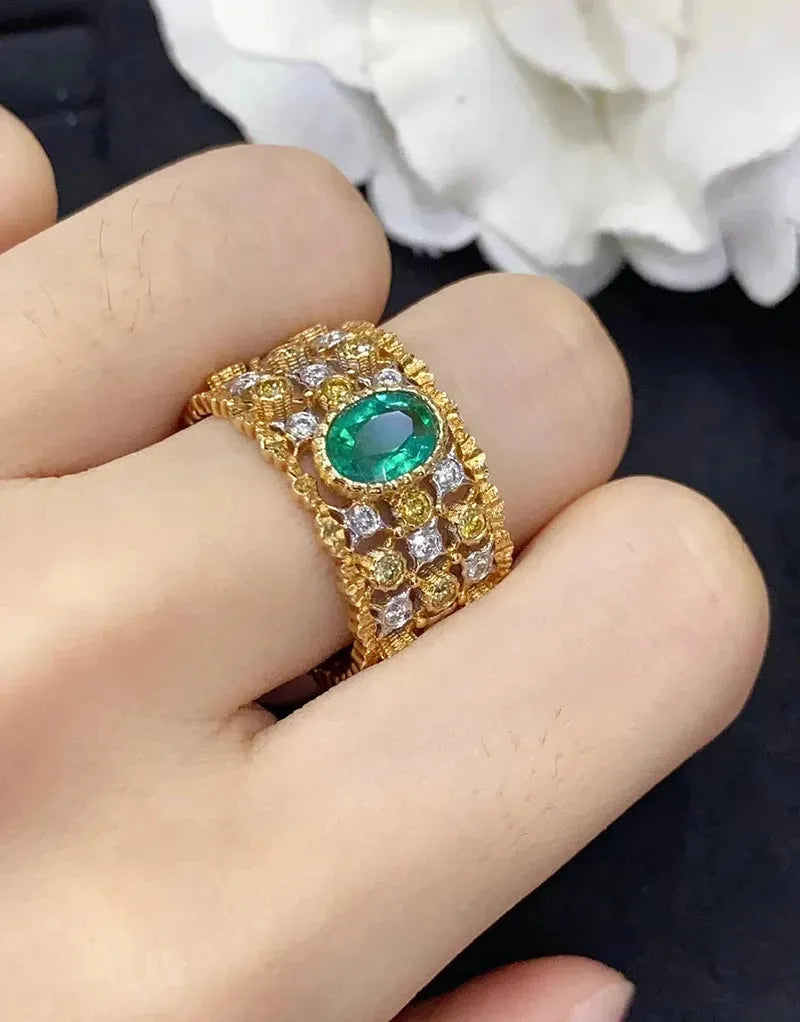 18K White & Yellow Gold Honeycomb Design Ring with Real Natural Emerald & Diamond for Women | Elegant Wedding, Engagement, Anniversary Jewelry Gift