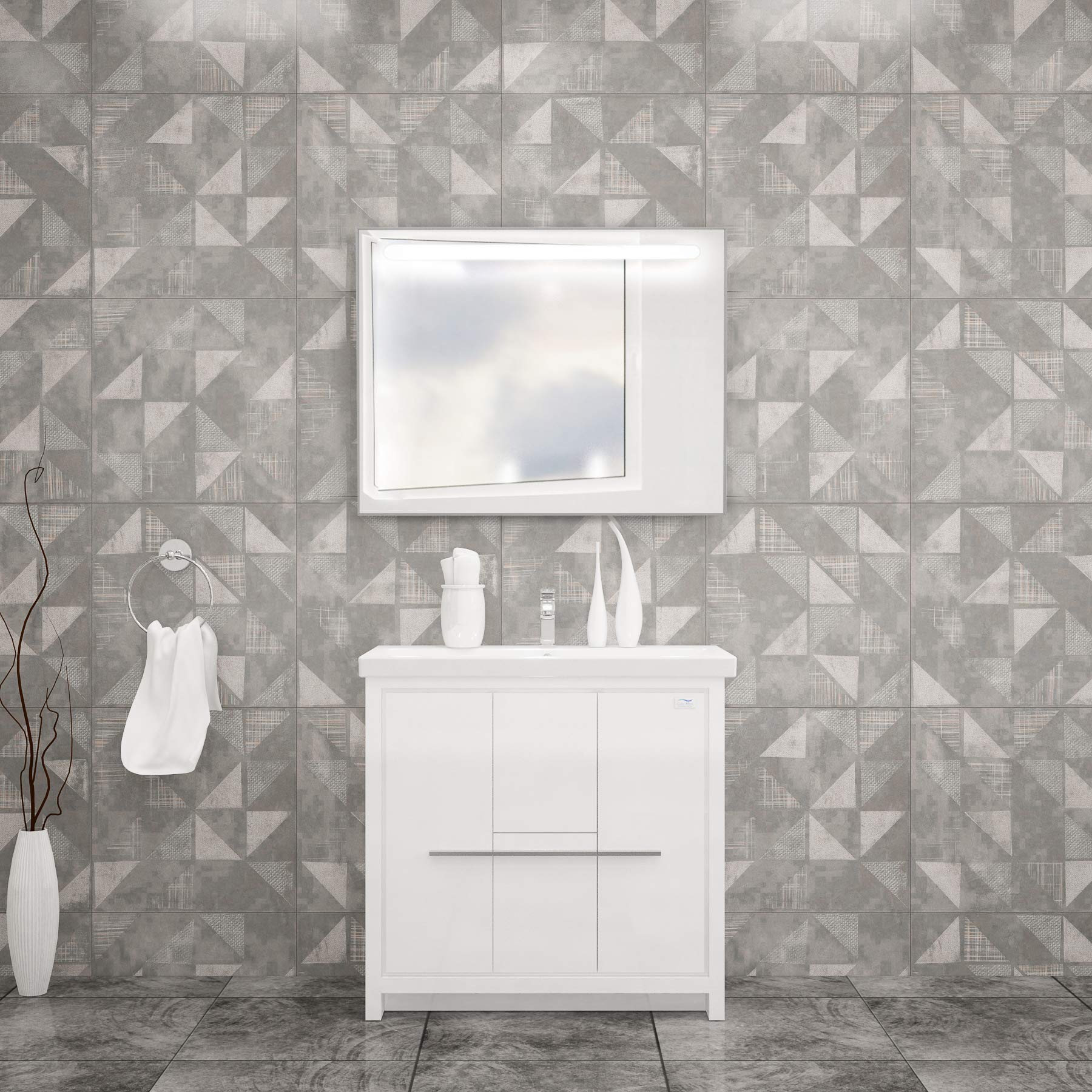 36 Inch Single Sink Bathroom Vanity Set - Modern European Wood Cabinet with Ceramic Sink - Soft Closing Doors & Drawers - Free Standing Glossy White Vanity for Contemporary Bathrooms - Perfect for Small Spaces, Guest Bathrooms & Master Suites