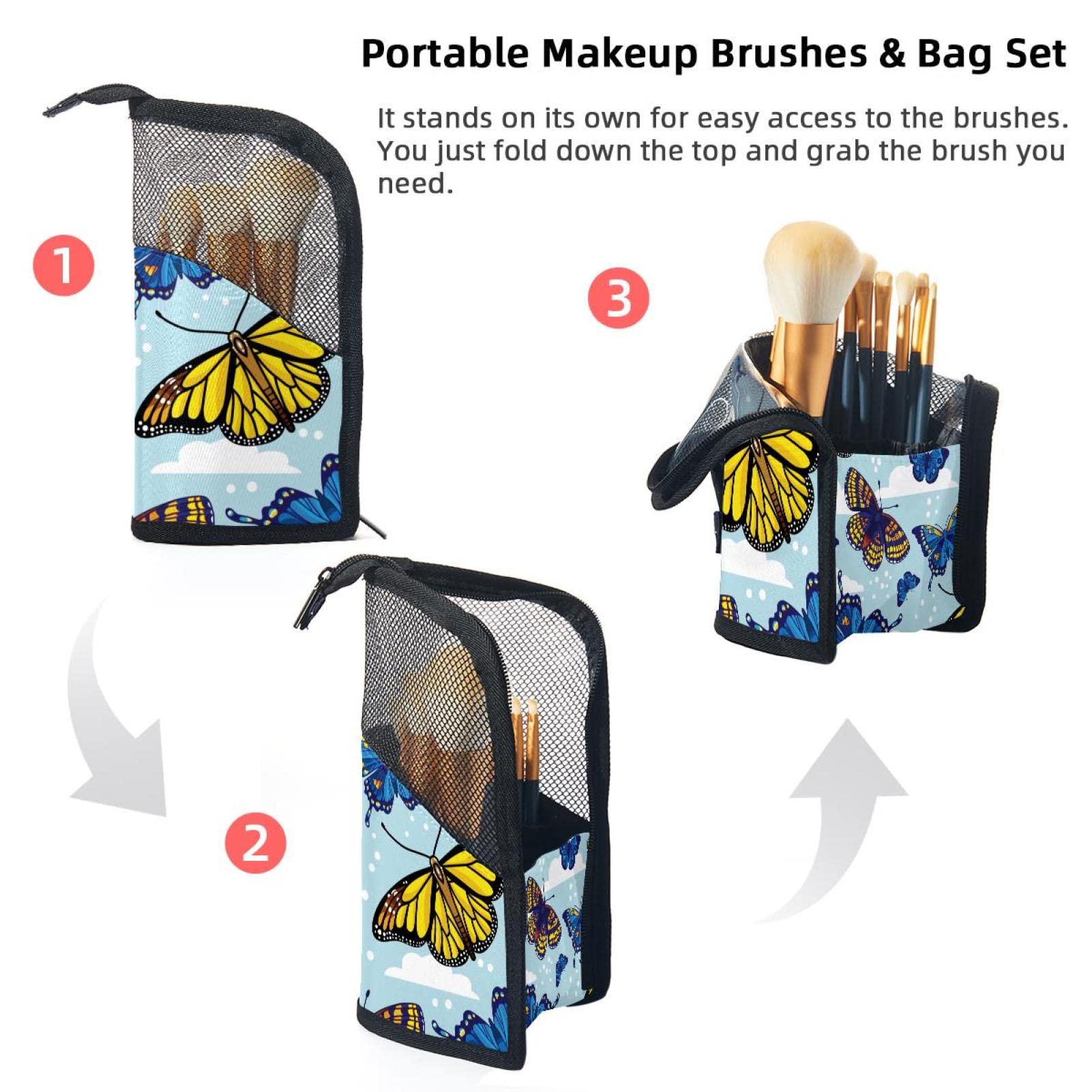 12-Piece Makeup Brush Organizer Bag with Sky Clouds & Colorful Ethnic Butterfly Design - Portable Cosmetic Brush Holder Case for Travel, Home & Professional Use