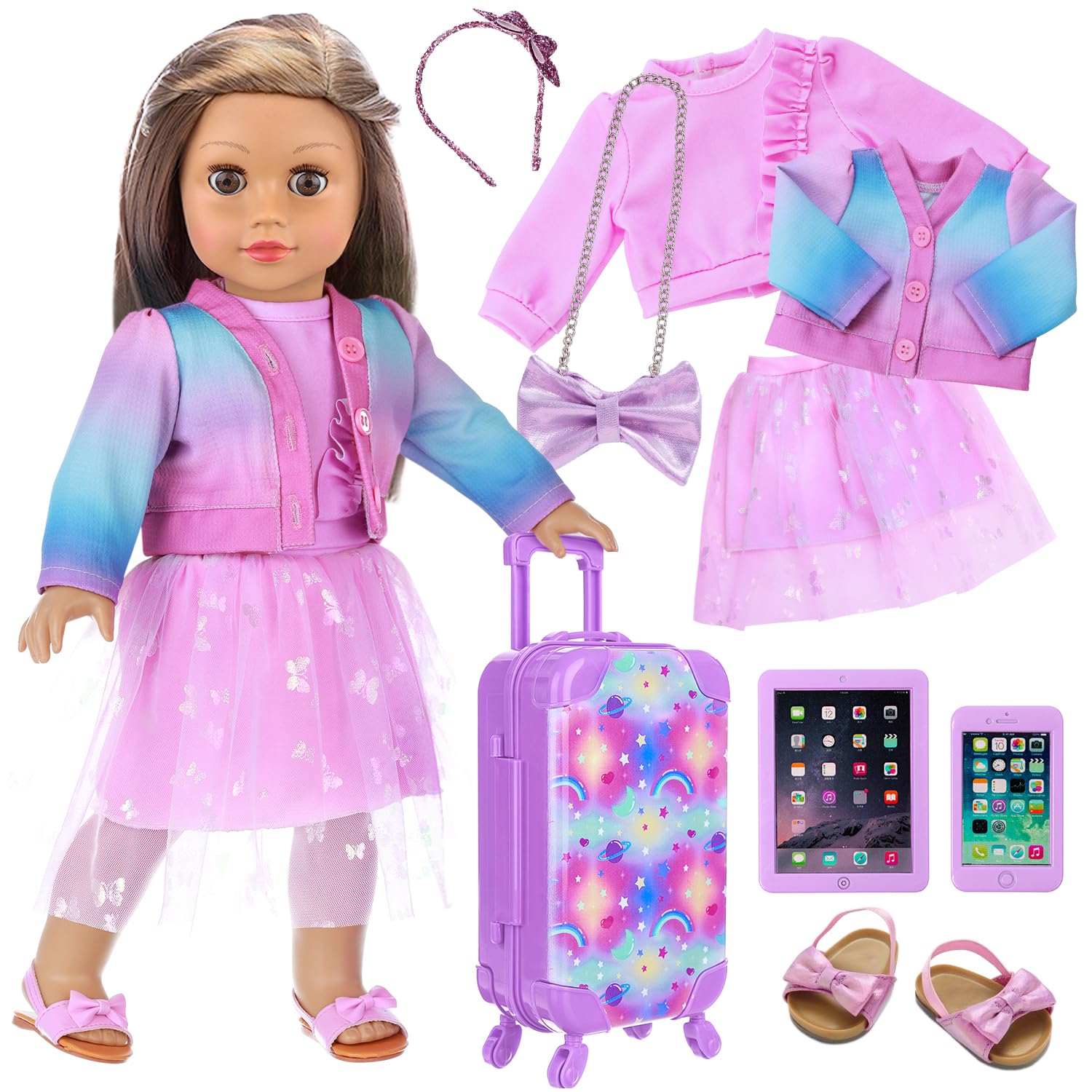 18 Inch Doll Travel Luggage Set with Carrier, Clothes, Shoes & Accessories for Girls - Perfect for Travel, Playdates & Pretend Play (No Doll Included)