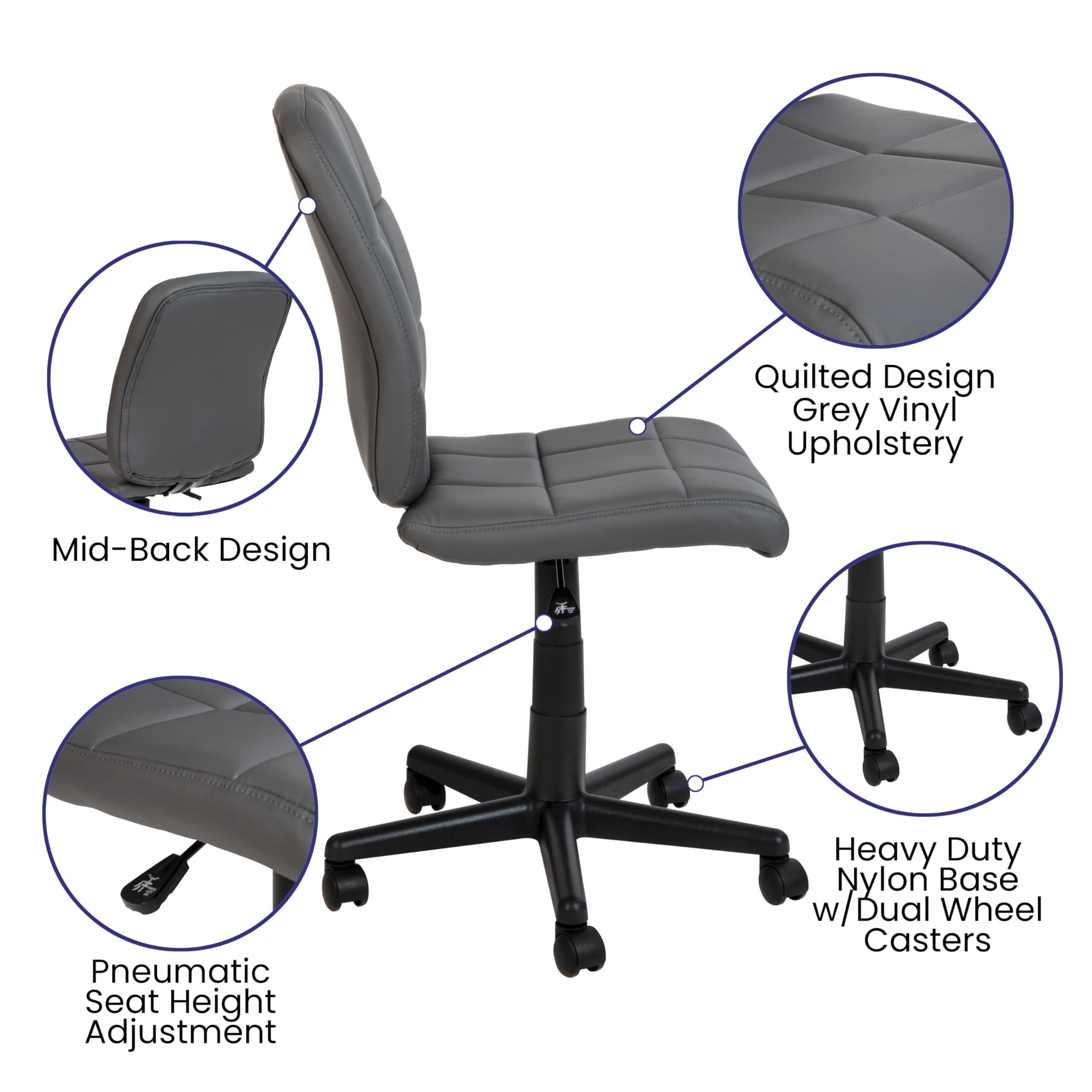 Emma & Oliver Mid-Back Gray Quilted Vinyl Swivel Office Chair - Ergonomic Task Chair for Home Office, Computer Desk & Workspace - Comfortable Work from Home Chair for Long Hours