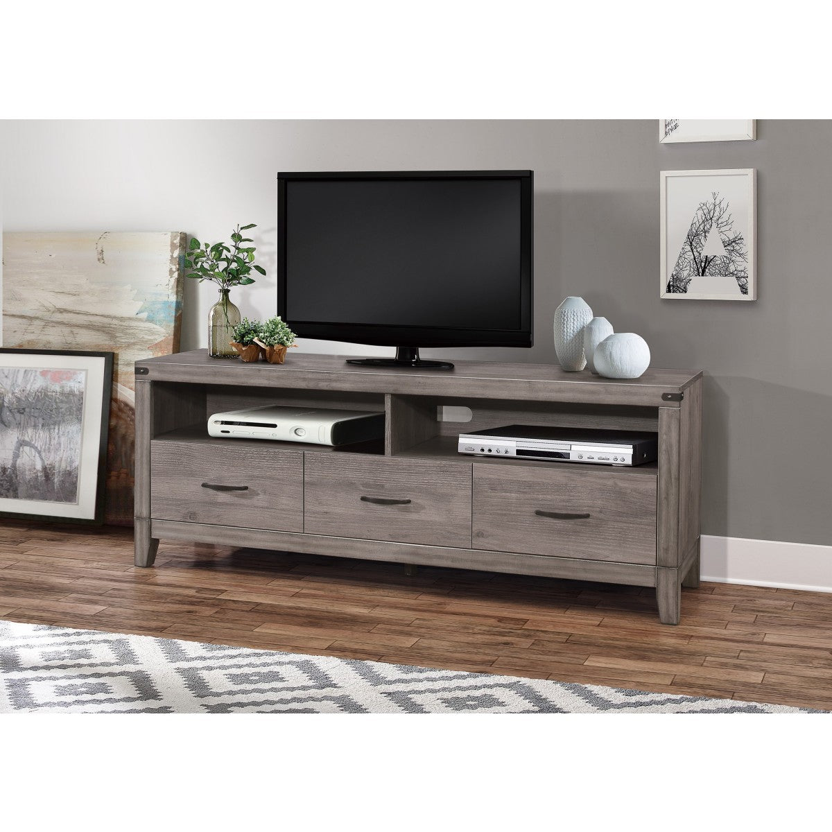 66L Industrial Style TV Stand with 3 Storage Drawers - Modern Entertainment Center for Living Room, Bedroom & Home Theater Setup