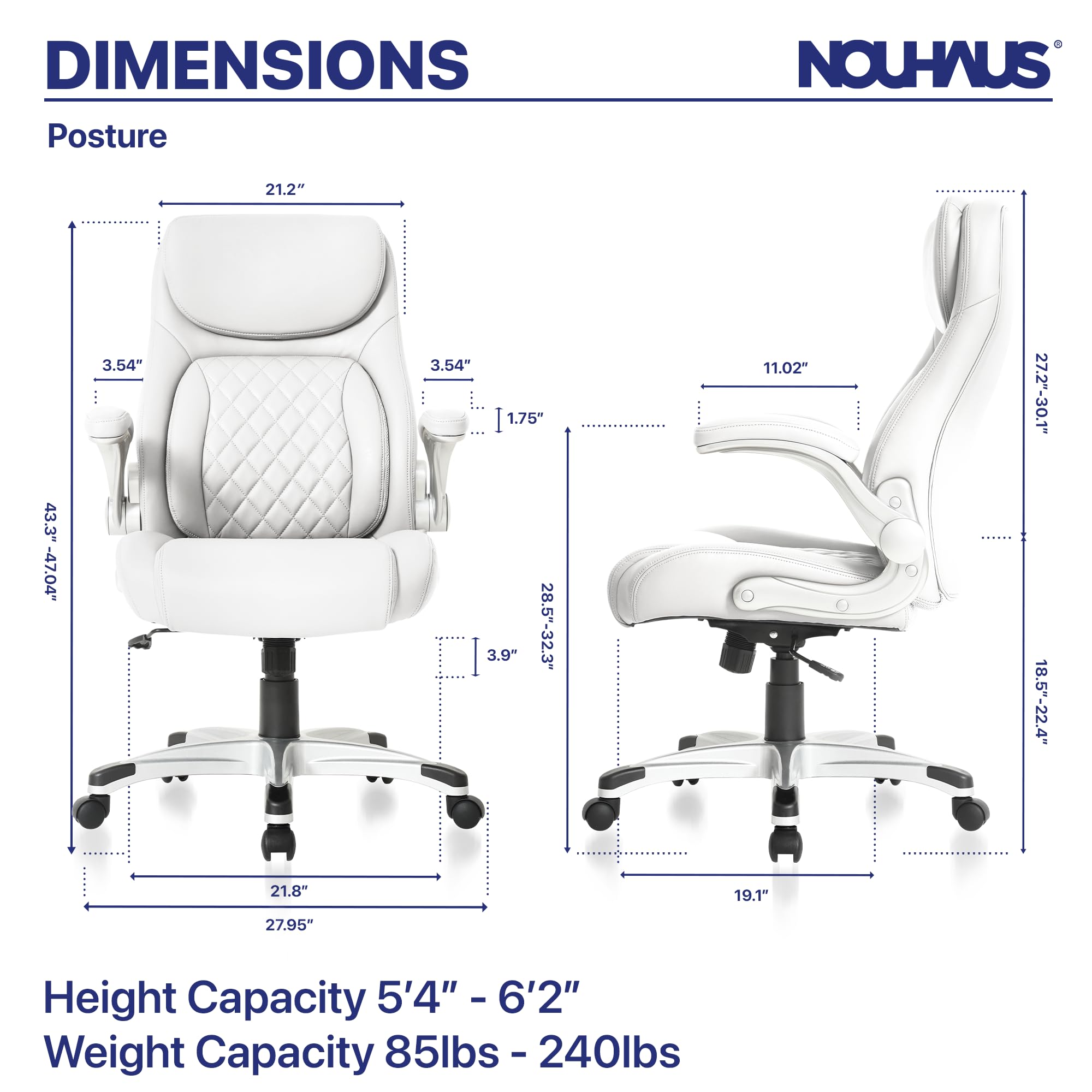 Nouhaus Ergonomic Office Chair with Posture Support - PU Leather Executive Desk Chair with Adjustable Lumbar Support & Flip-Up Armrests - Modern Computer Chair for Home & Office Workspace (White)