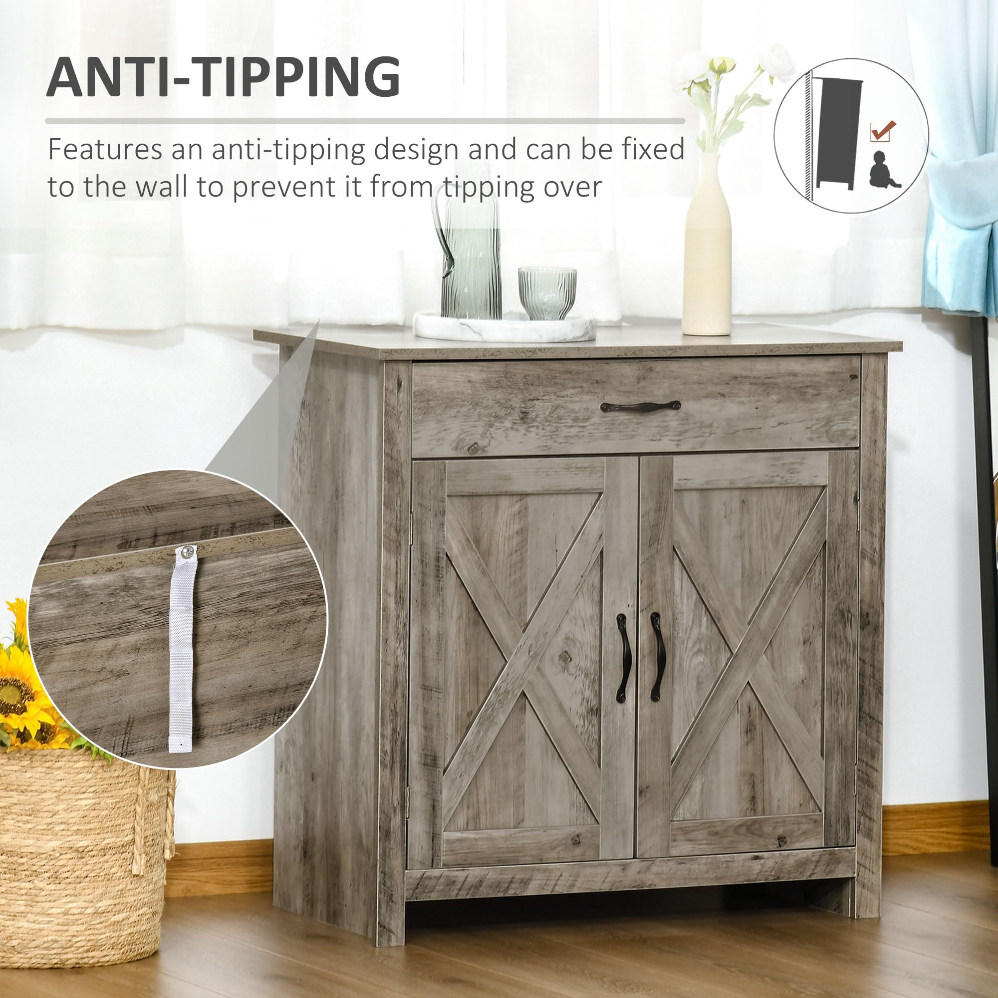 HOMCOM Farmhouse Sideboard Buffet Cabinet with Barn Doors - Coffee Bar Cabinet with Drawer & Adjustable Shelf - Rustic Kitchen Storage for Living Room, Entryway, Dining Room - Perfect for Entertaining & Home Organization (Gray)