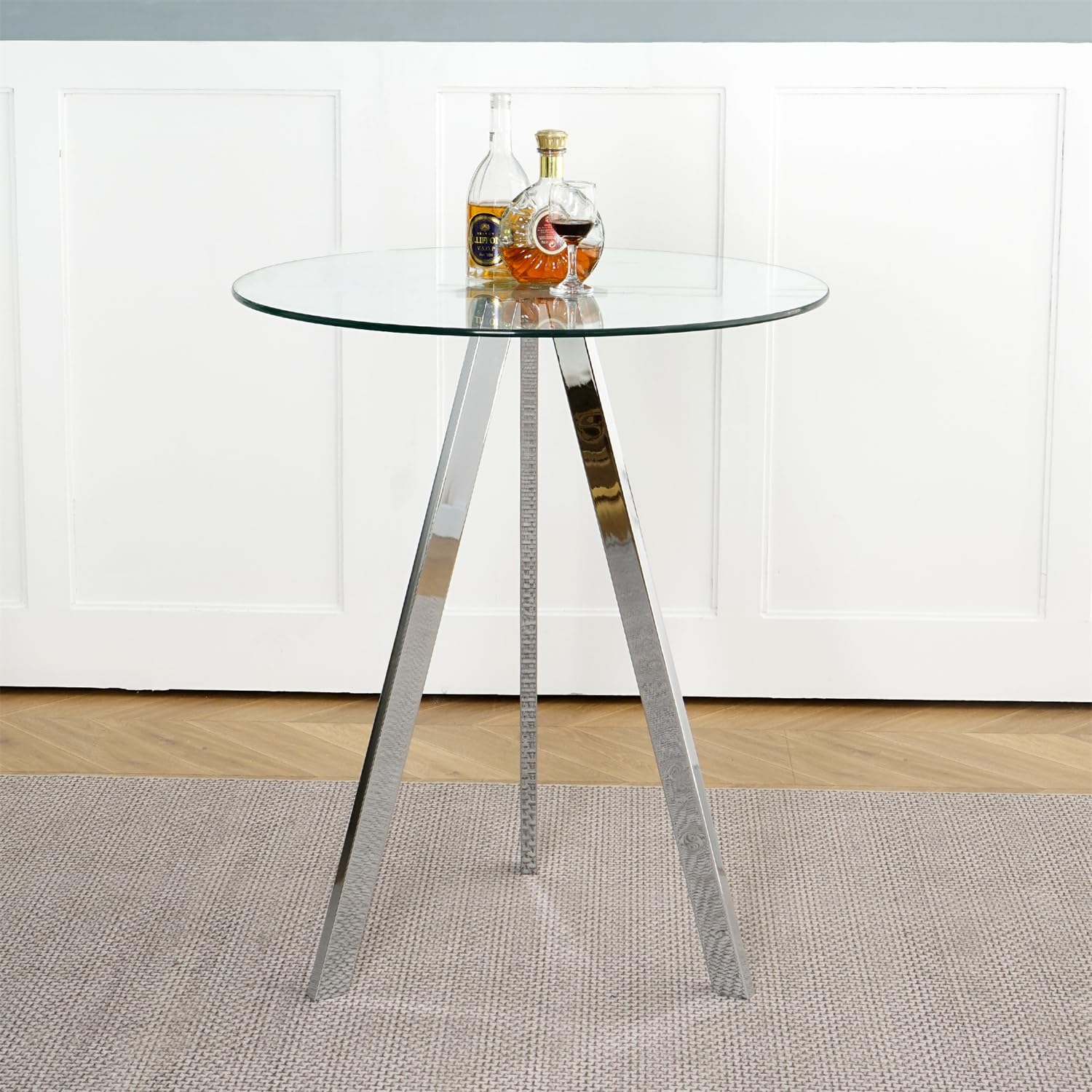 Modern Round Glass High Top Bar Table with Chrome Metal Legs - Clear Top & Silver Base - Perfect for Home Bar, Kitchen Island, Dining Room, and Pub Style Entertaining