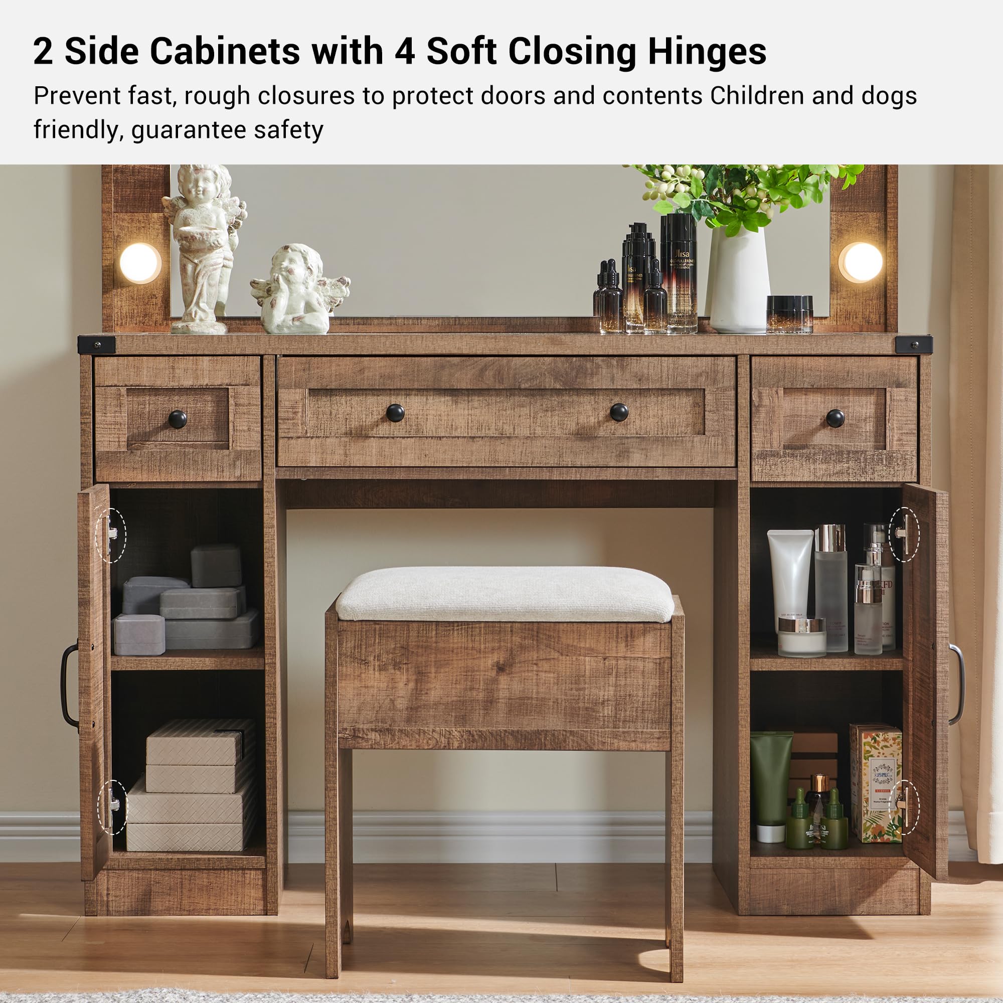 Farmhouse Makeup Vanity Desk with Mirror and Lights - 43