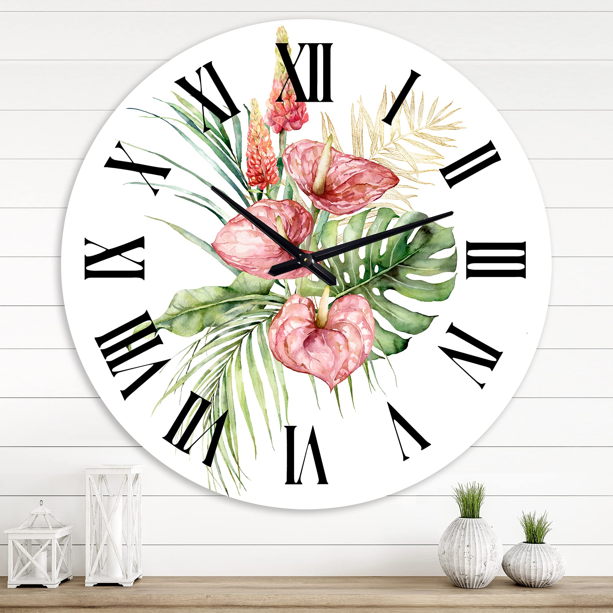 Large Floral & Botanical Wall Clock - Tropical Bouquet with Anthurium Lupine & Leaves - Elegant Home Decor for Living Room, Bedroom, or Office - Silent Non-Ticking Mechanism