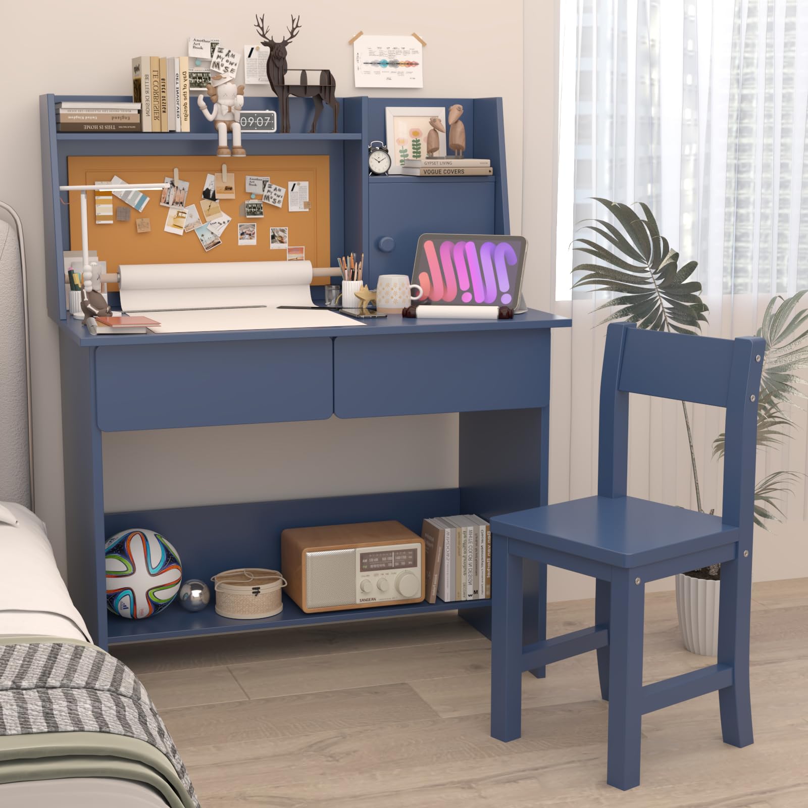 **Blue Kids Drawing Desk with Wooden Tabletop & Paper Roll Dispenser - Study Table with Drawers & Storage Shelf - Desk & Chair Set for Ages 5-12 - Perfect for Art, Homework & Creative Play**