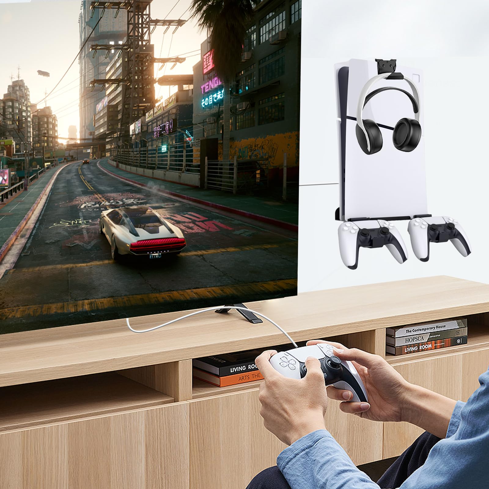 Upgraded Wall Mount Kit for PS5 Slim - Adjustable Bracket with 2 Removable Controller Holders & Headset Hook - Secure Screw Mounting for Living Room, Bedroom, or Gaming Setup