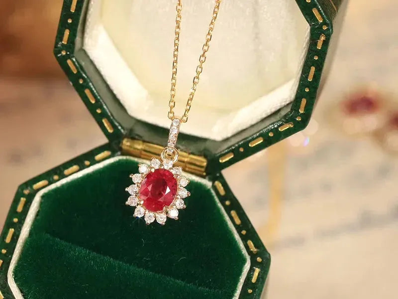 18K Yellow Gold Pendant with Natural Ruby & Diamond Necklace for Women | Elegant Wedding, Engagement & Party Jewelry | Perfect for Anniversary Gifts, Valentine's Day & Special Occasions