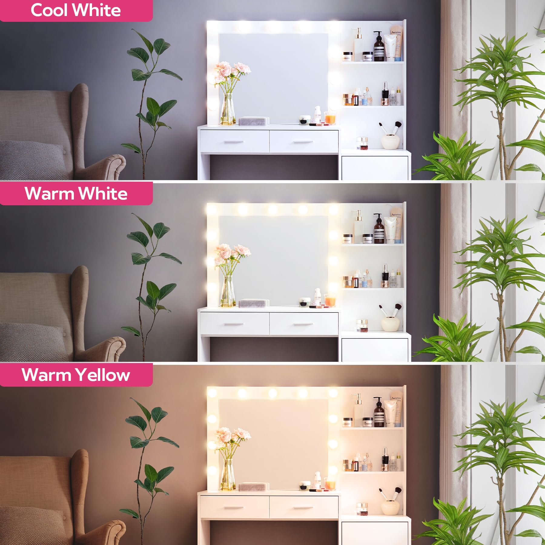 46.7 Inch Vanity Desk with Mirror and LED Lights, White Dressing Table with 2 Large Drawers & Vertical Organizer - 3-Tier Dresser with 3 Adjustable Lighting Modes for Bedroom, Makeup, and Home Office