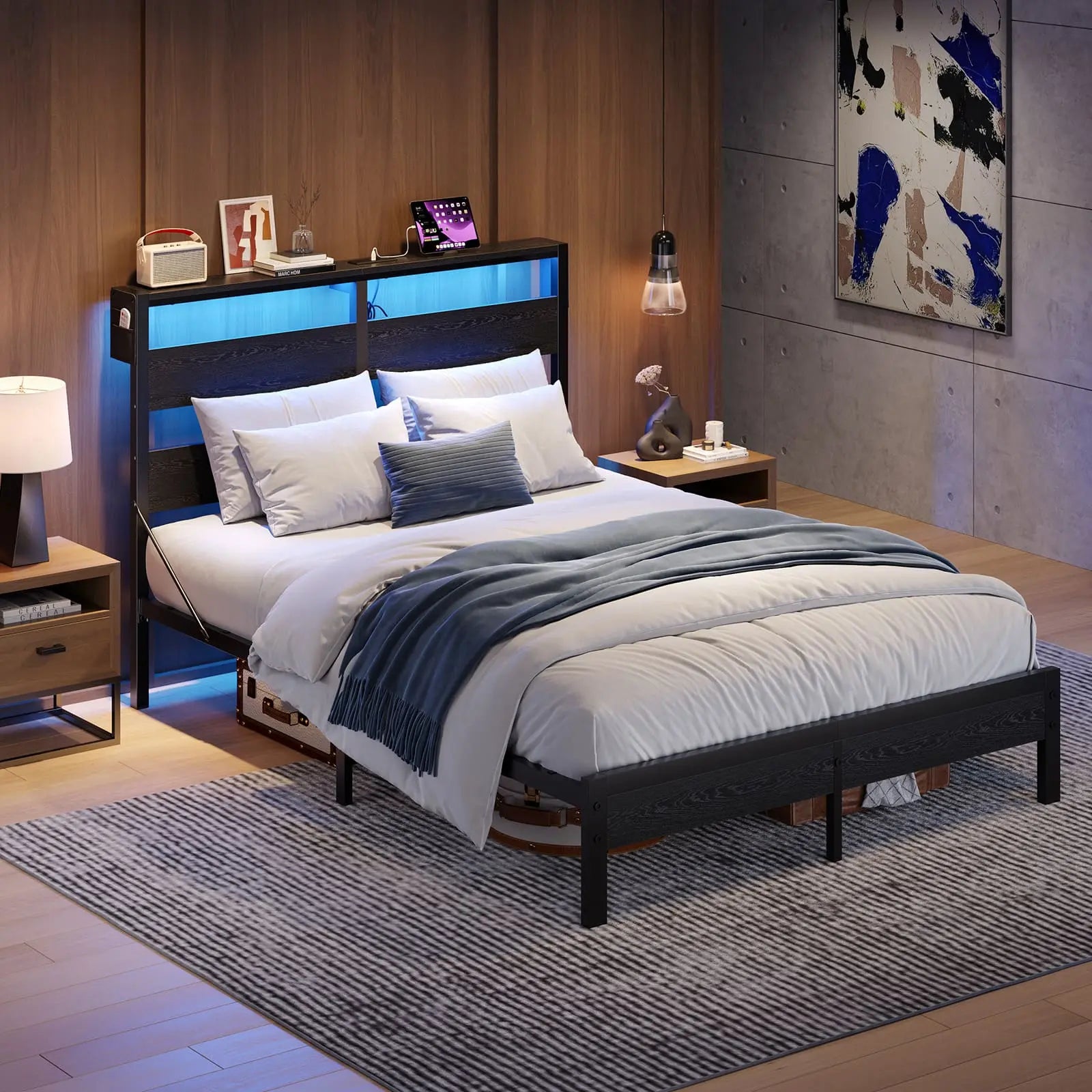 Bestier Queen Bed Frame with Storage Headboard & USB Charging Station - Modern Platform Bed with Underbed Storage for Small Spaces, Bedroom Organization & Phone Charging Convenience