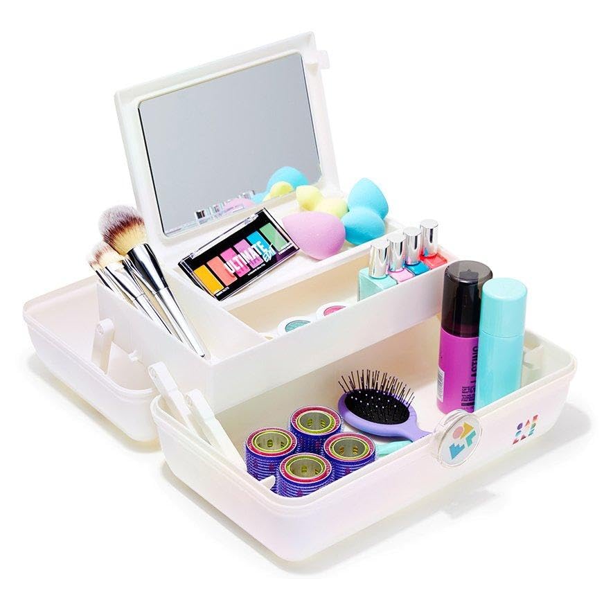 Caboodles On-The-Go Girl Makeup Organizer Box - Hard Plastic Cosmetic Case with Built-In Mirror & Secure Travel Latch - Spacious Storage for Large Makeup Items - Perfect for Travel, Home Vanity & Salon Use