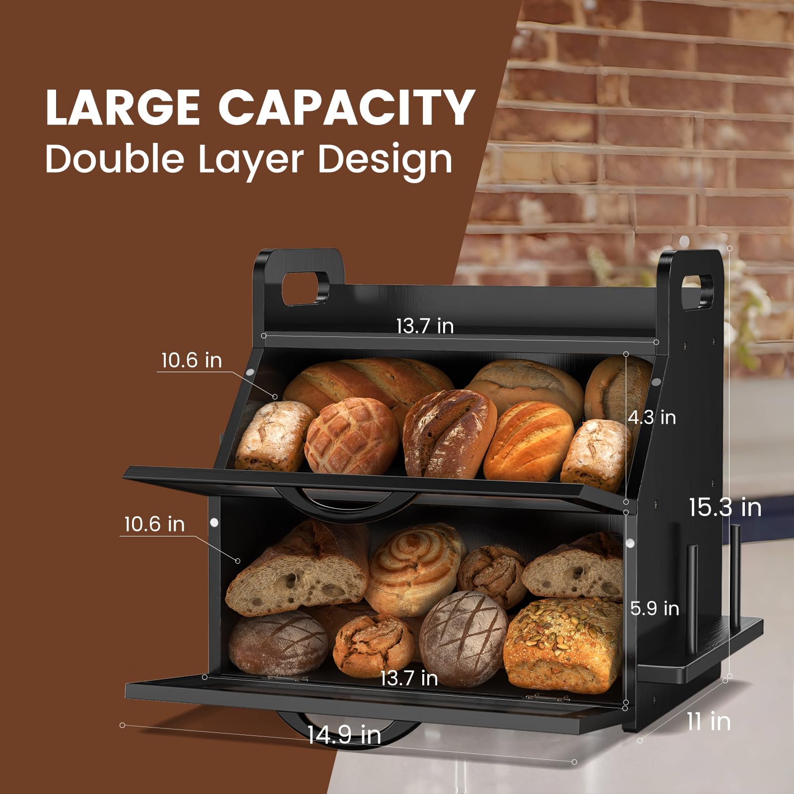 Airtight Extra Large Wooden Bread Box for Kitchen Counter - Double Layer Bread Storage with Tool Holder, Handles & Window (14.9