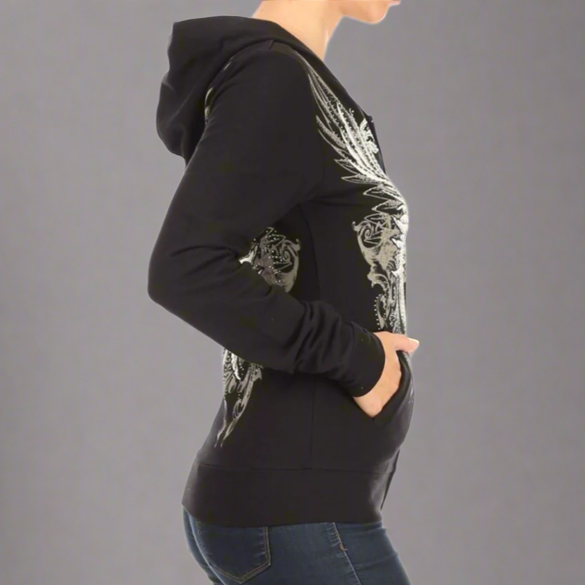 Gothic Women's Rhinestone Skull Wing Hoodie - Edgy Gothic Fashion for Women | Perfect for Halloween, Concerts & Streetwear Outfits
