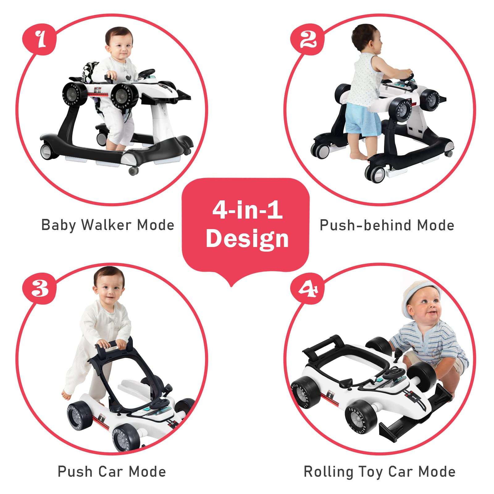 BABY JOY 4-in-1 Foldable Baby Walker with Adjustable Height & Speed - Musical Light-Up Activity Walker with Anti-Rollover Safety Wheels for Toddlers 6-18 Months (White) | Perfect for Learning to Walk, Indoor Play & First Birthday Gifts for Boys & Girls