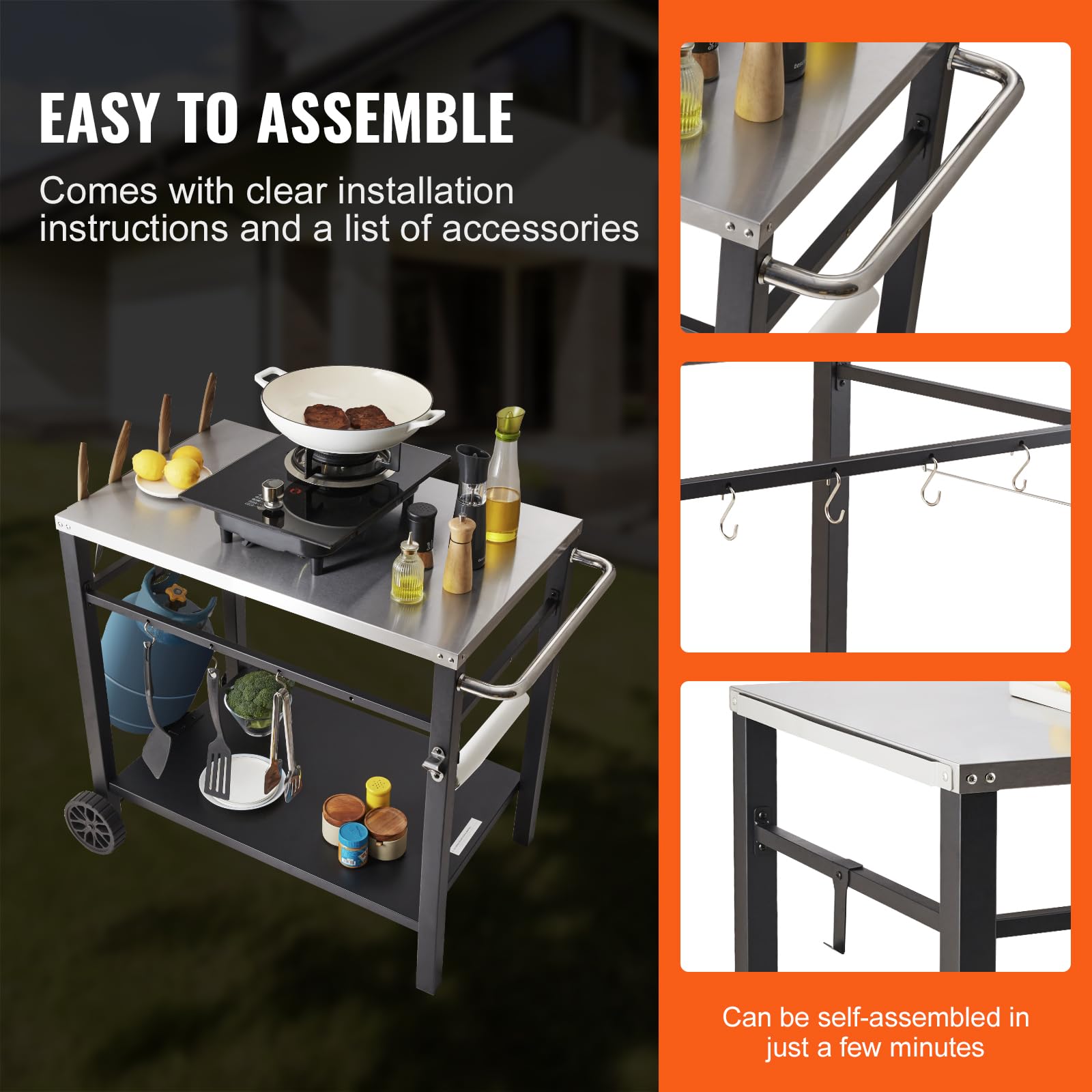VEVOR Stainless Steel Outdoor Grill Cart with Double Shelves - Portable BBQ Prep Table with Wheels & Handle for Pizza Oven, Camping & Backyard Cooking - Heavy Duty Mobile Workstation for Patio, Garden & Tailgating Parties