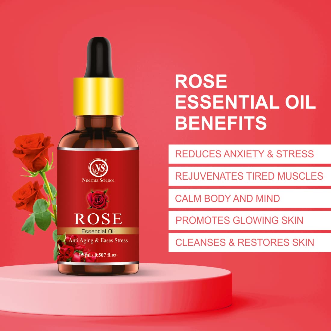 Nuerma Science 100% Pure Rose Essential Oil - 15ml for Stress Relief, Skin Care & Aromatherapy | Perfect for Massage, Diffusers & DIY Beauty Products