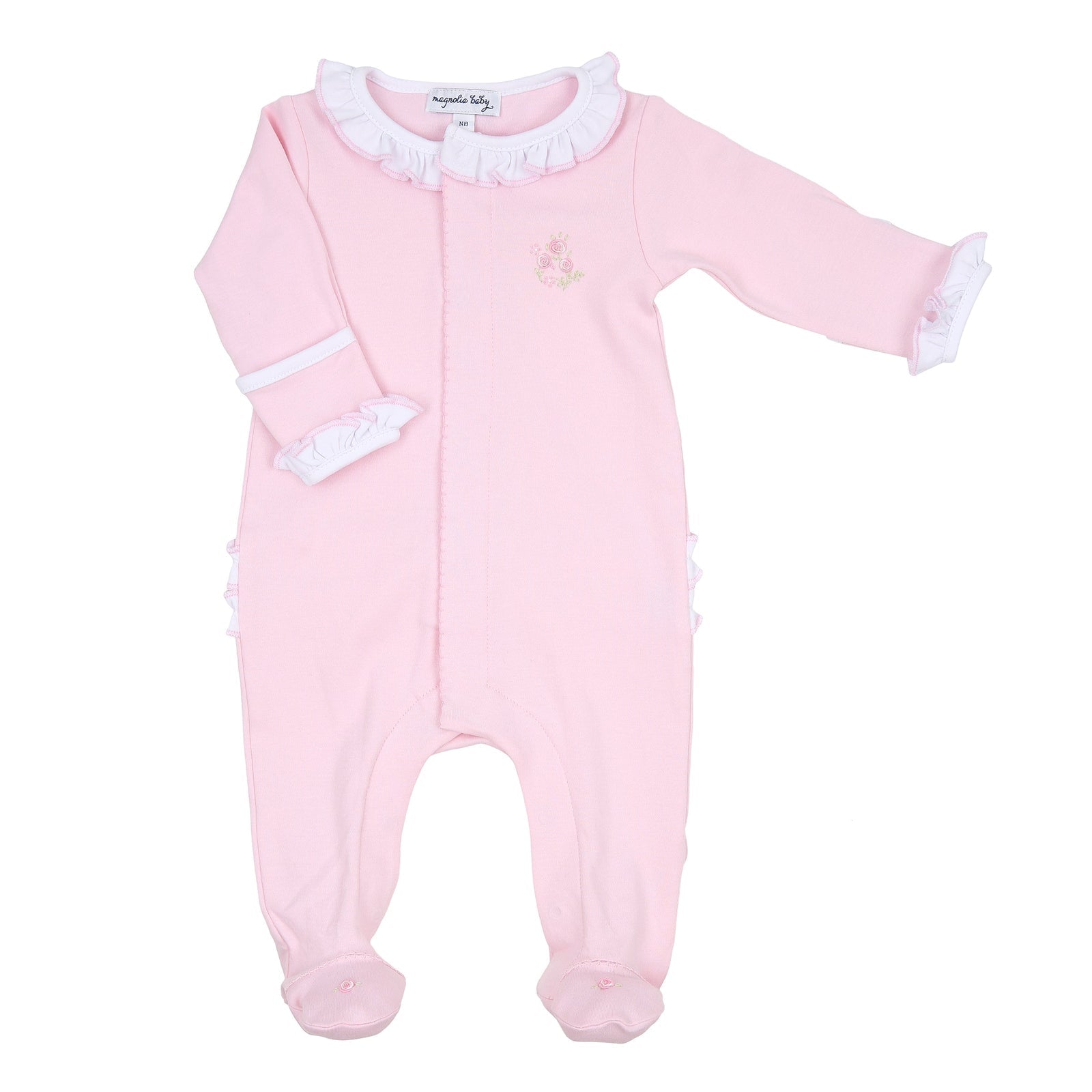 Hope's Rose Spring Embroidered Ruffle Footie Baby Onesie - Soft Pink Cotton Infant Bodysuit for Newborn Girls | Perfect for Photo Shoots, Special Occasions & Everyday Wear