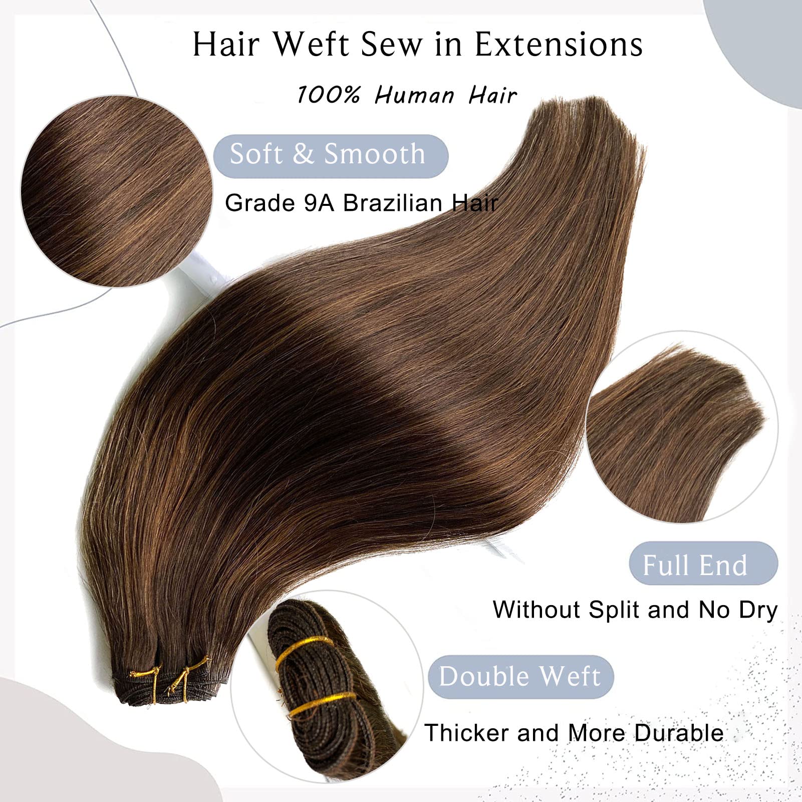 20 Inch 100G Real Human Hair Extensions - Dark Brown Balayage Light Brown Hand-Tied Weft Bundles for Sew-In | Natural Looking Hair Extensions for Women | Perfect for Daily Styling, Special Occasions & Volume Boost