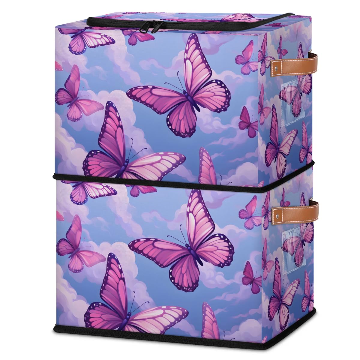 Collapsible Storage Bins with Lids - Purple Butterfly Design Stackable Fabric Storage Cubes | Dustproof Closet Organizer for Clothes, Toys, Blankets | Perfect for Bedroom, Nursery & Home Organization