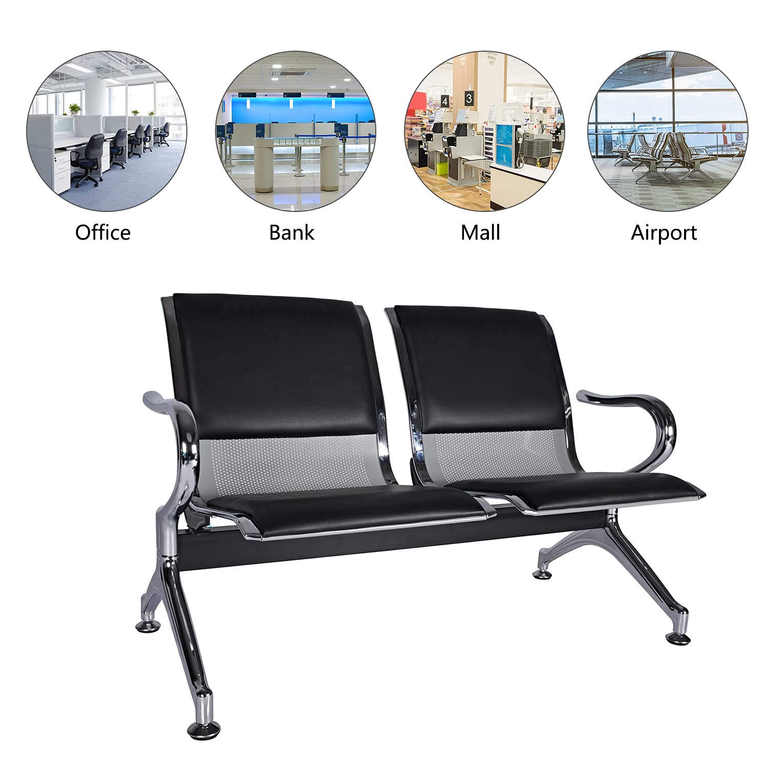Kinfant Waiting Room Chairs - Comfortable Reception Guest Bench for Airport, Hospital, Bank, Salon & Barber Shop (PU Leather, Black) - Perfect for Lobby Seating, Waiting Areas and Public Spaces